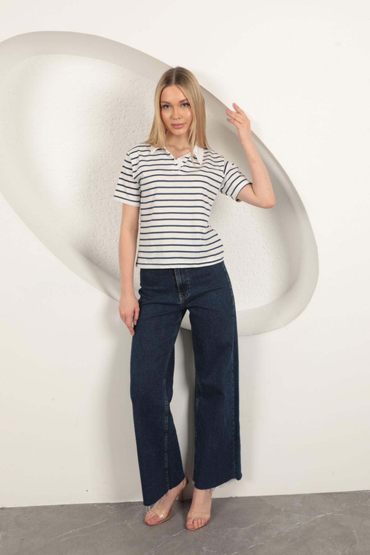 Striped Women's T-Shirt-Blue