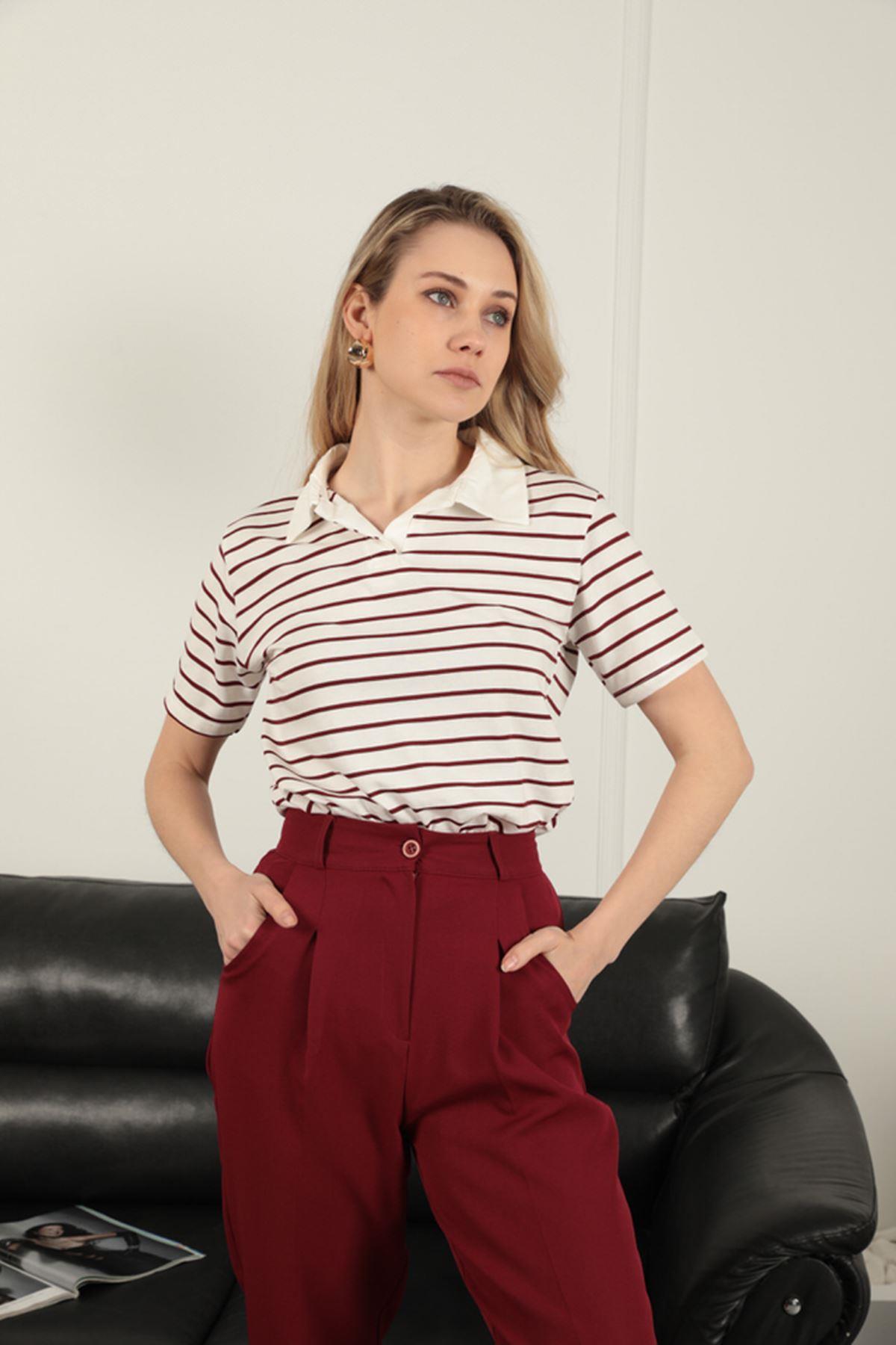 Striped Women's T-Shirt-Burgundy