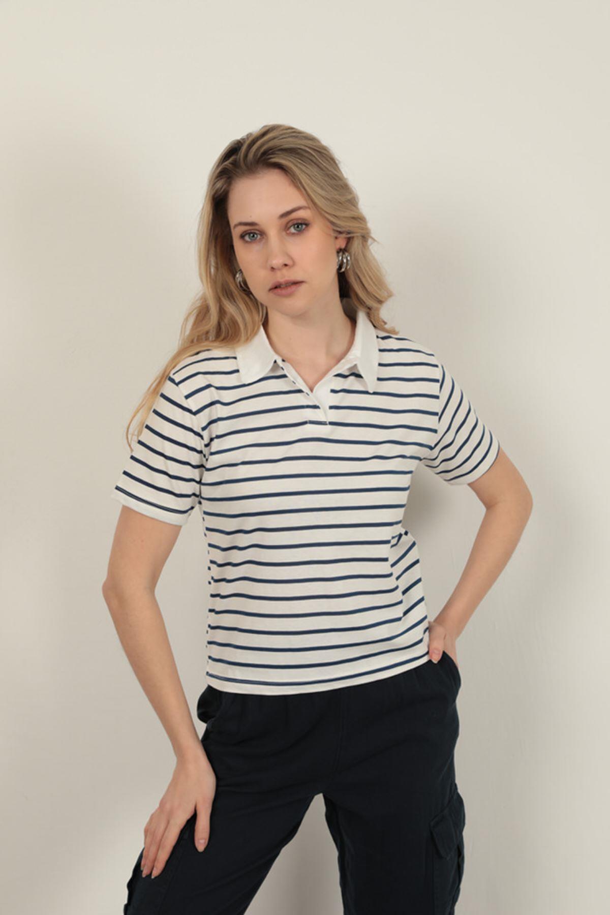 Striped Women's T-Shirt-Navy Blue