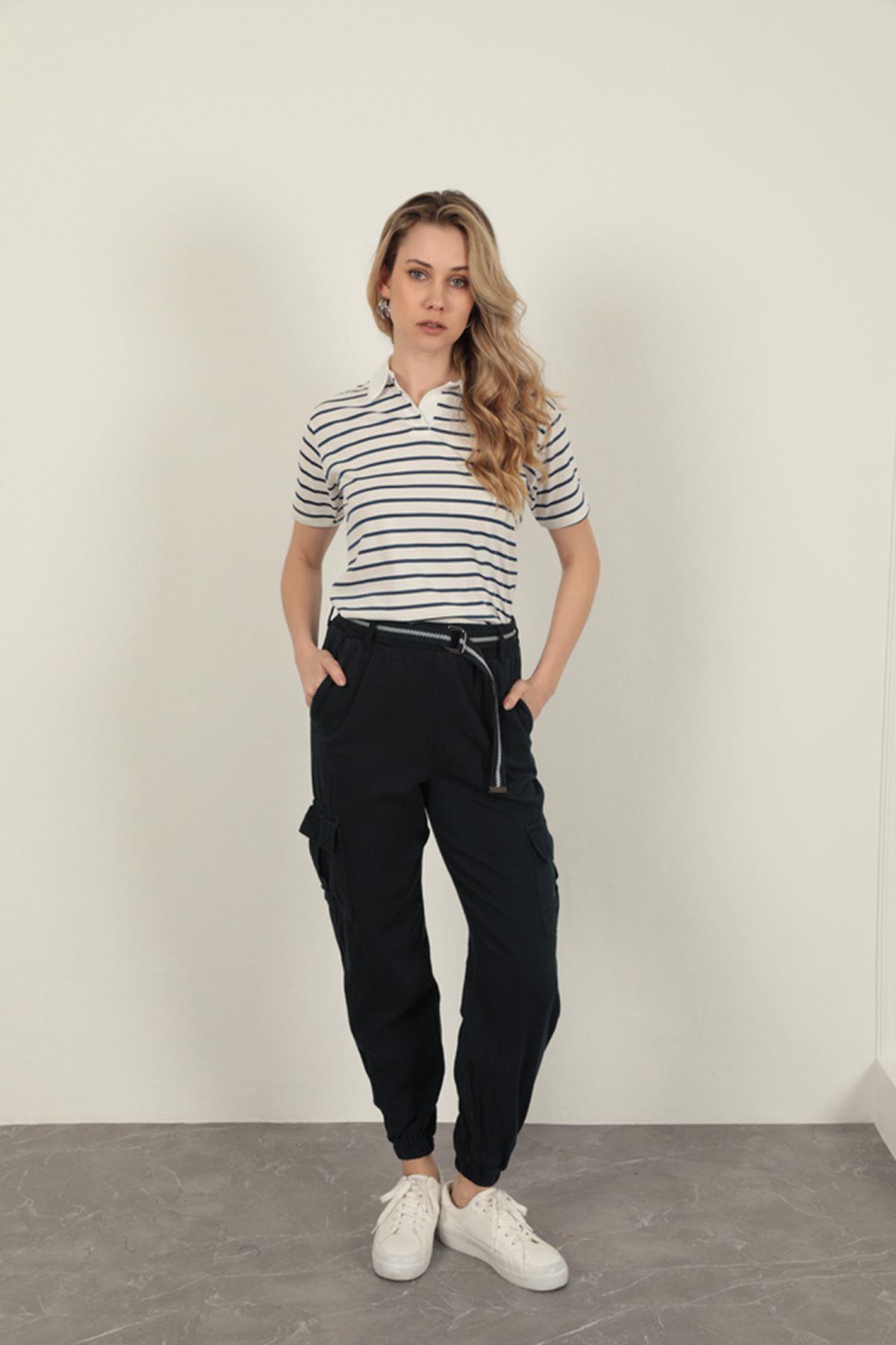 Striped Women's T-Shirt-Navy Blue