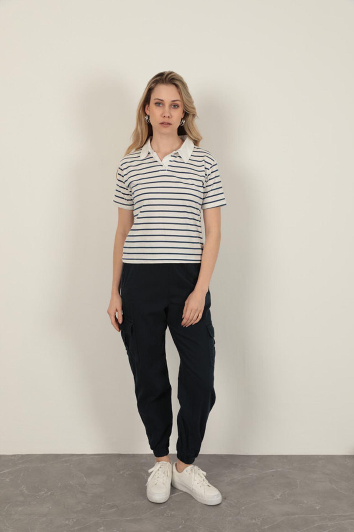 Striped Women's T-Shirt-Navy Blue