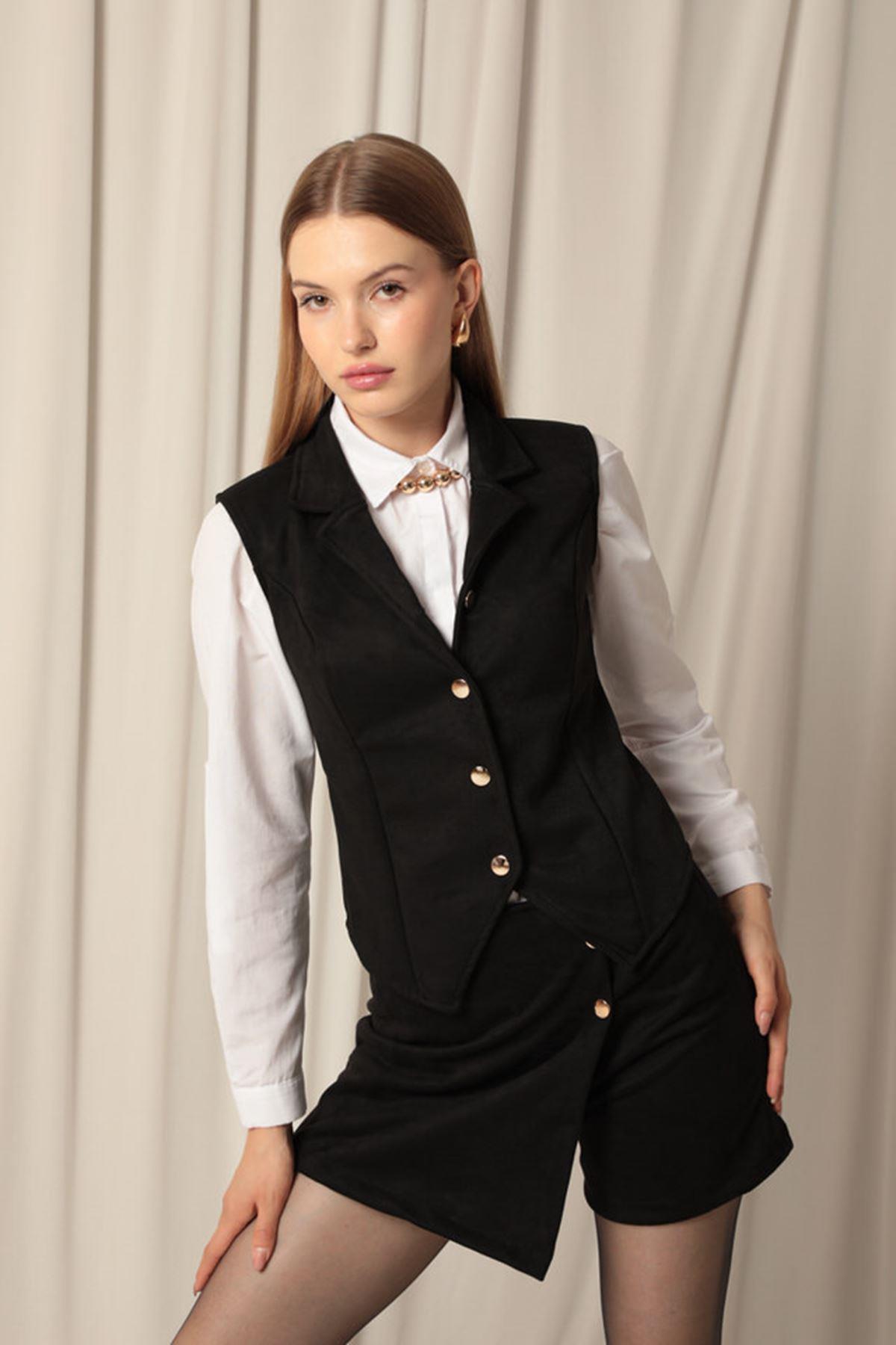 Suede Fabric Women's Black Vest