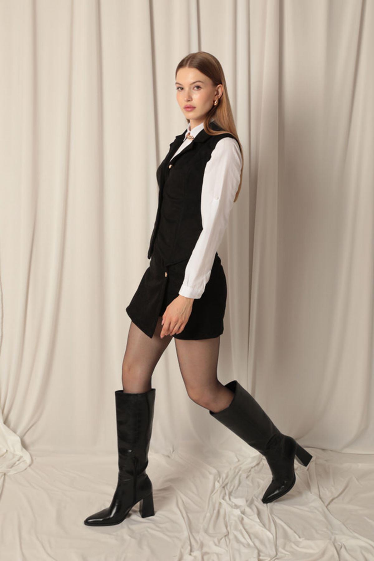 Suede Fabric Women's Black Vest