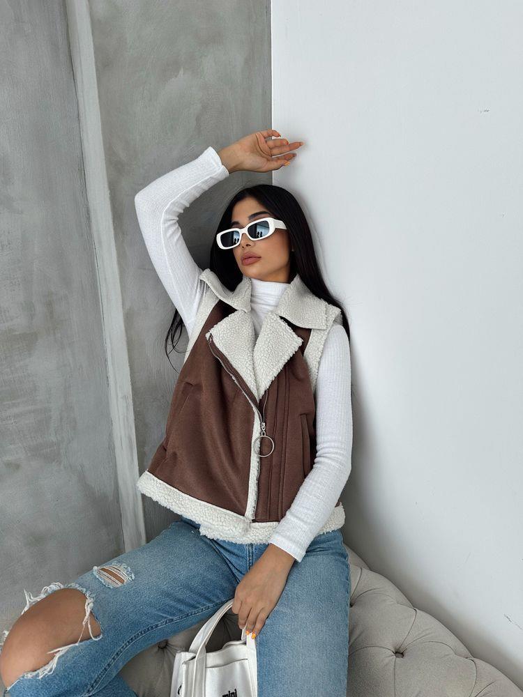 Suet Yakası Kürklü Toptan Yelek - Taba Krem | TOPSHOW