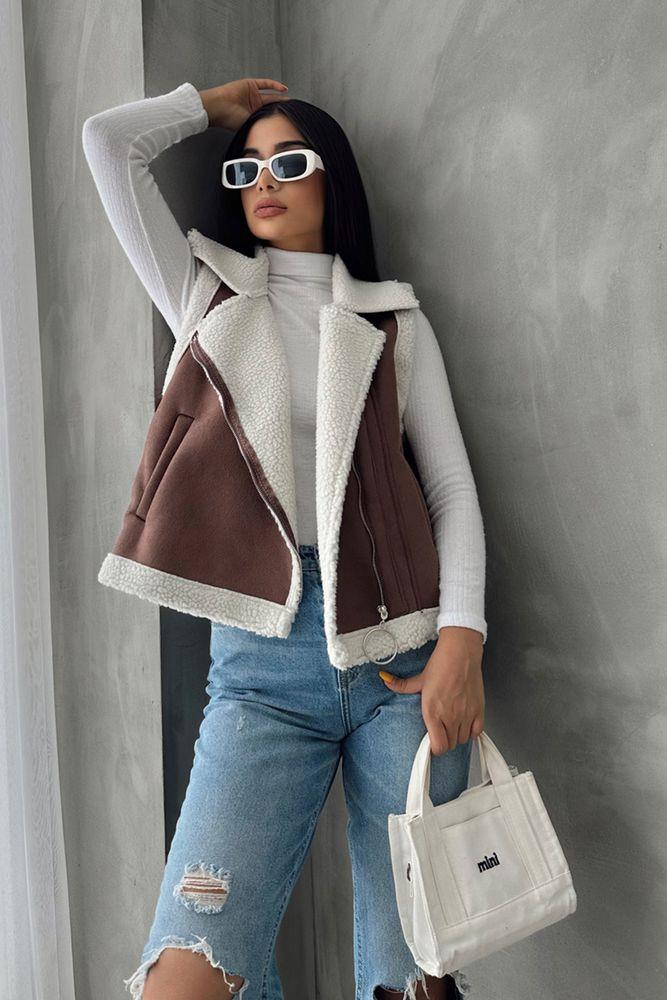 Suet Yakası Kürklü Toptan Yelek - Taba Krem | TOPSHOW