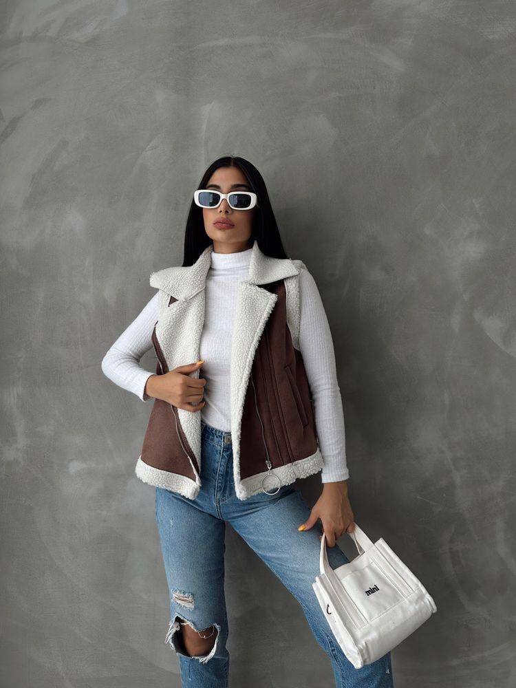 Suet Yakası Kürklü Toptan Yelek - Taba Krem | TOPSHOW