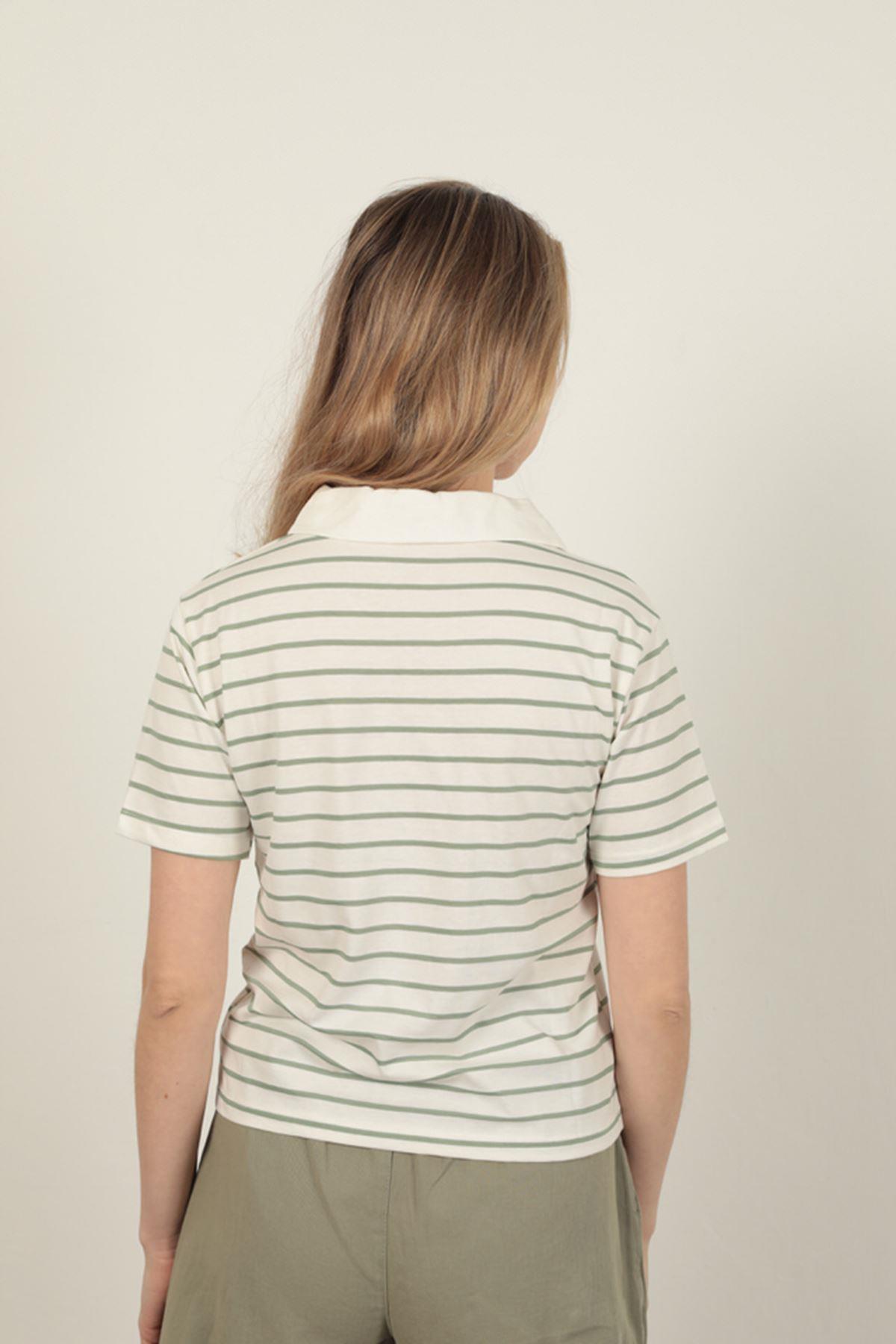 Süprem Kumaş Çizgili Kadın Tişört-Yeşil