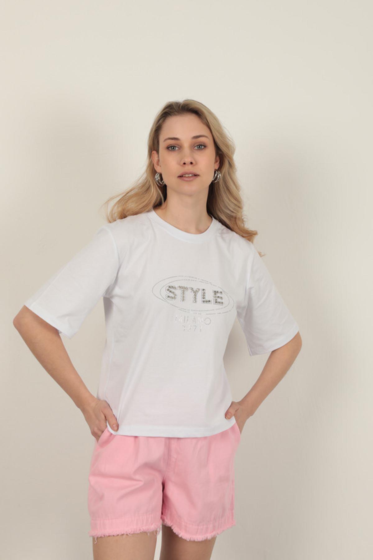 Süprem Kumaş Taş Detaylı Kadın Tişört-Beyaz