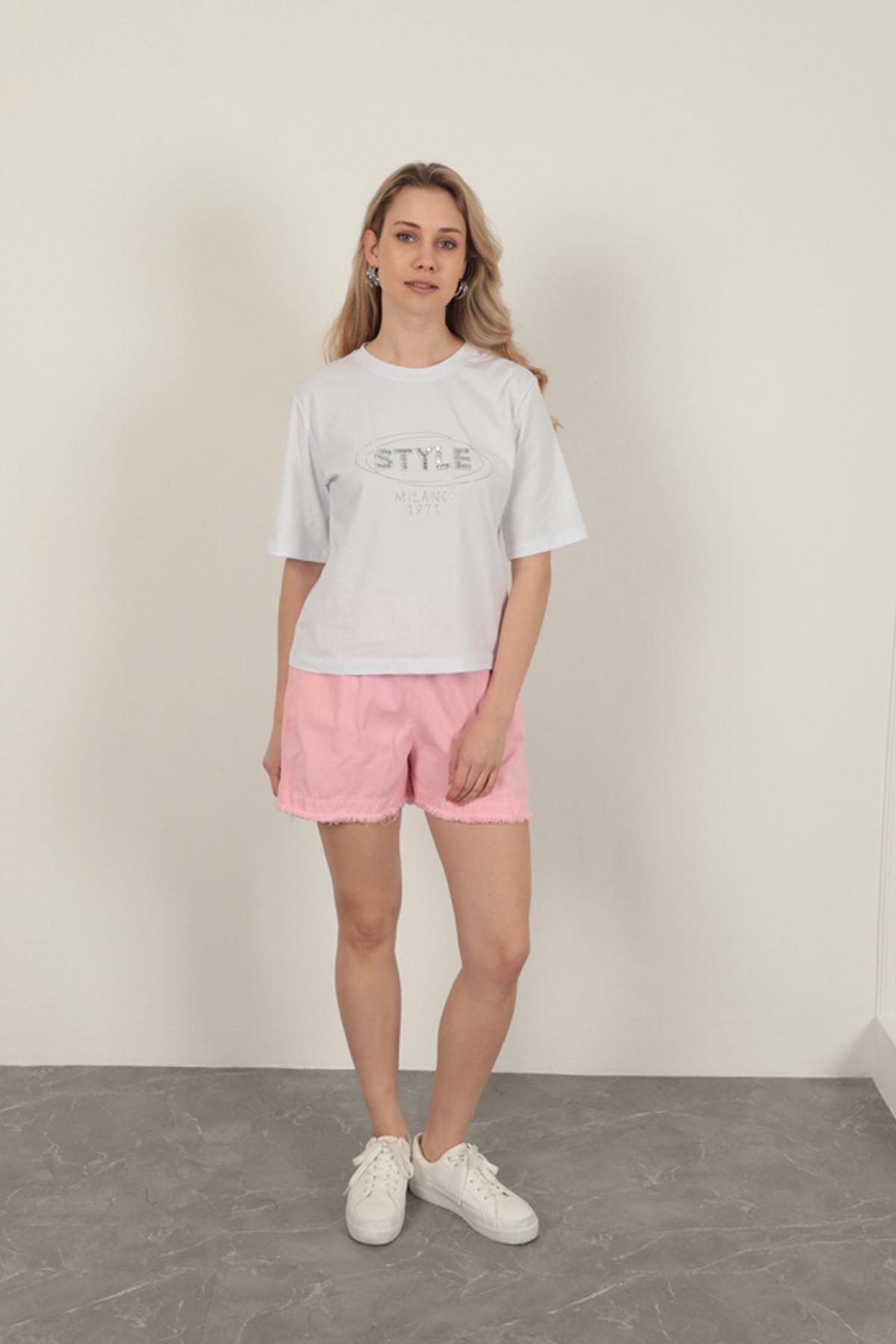 Süprem Kumaş Taş Detaylı Kadın Tişört-Beyaz