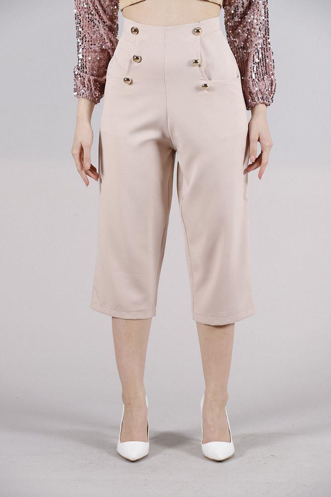Süs Düğmeli L Cepli Salaş Toptan Pantolon - Pudra | TOPSHOW