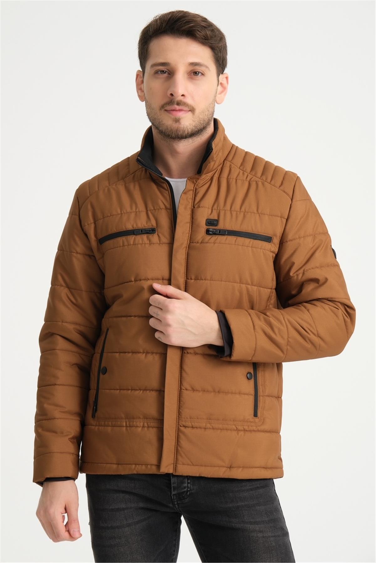 Wholesale Brown Double Zipper Pocket Stand Collar Jacket 3082T