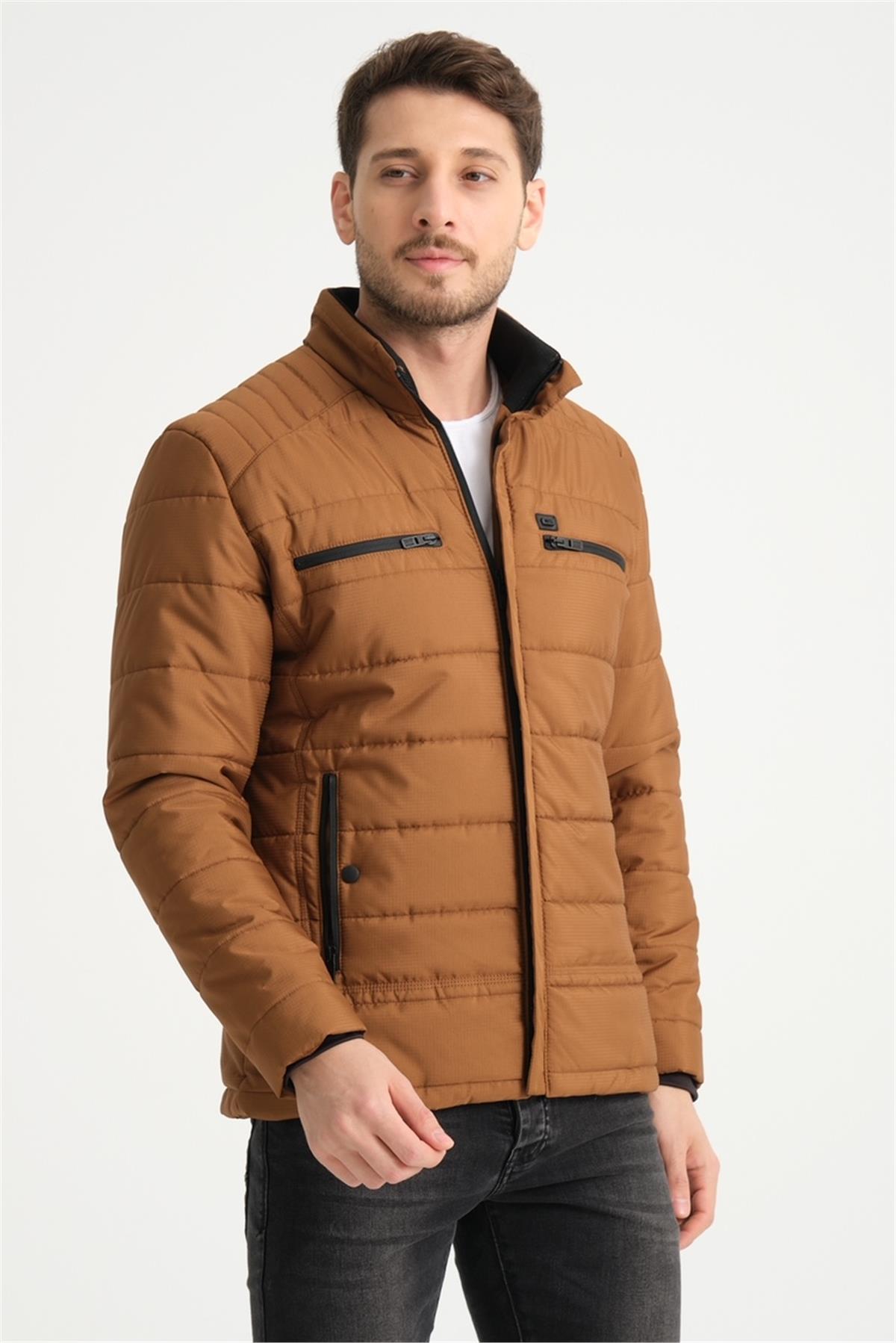 Wholesale Brown Double Zipper Pocket Stand Collar Jacket 3082T