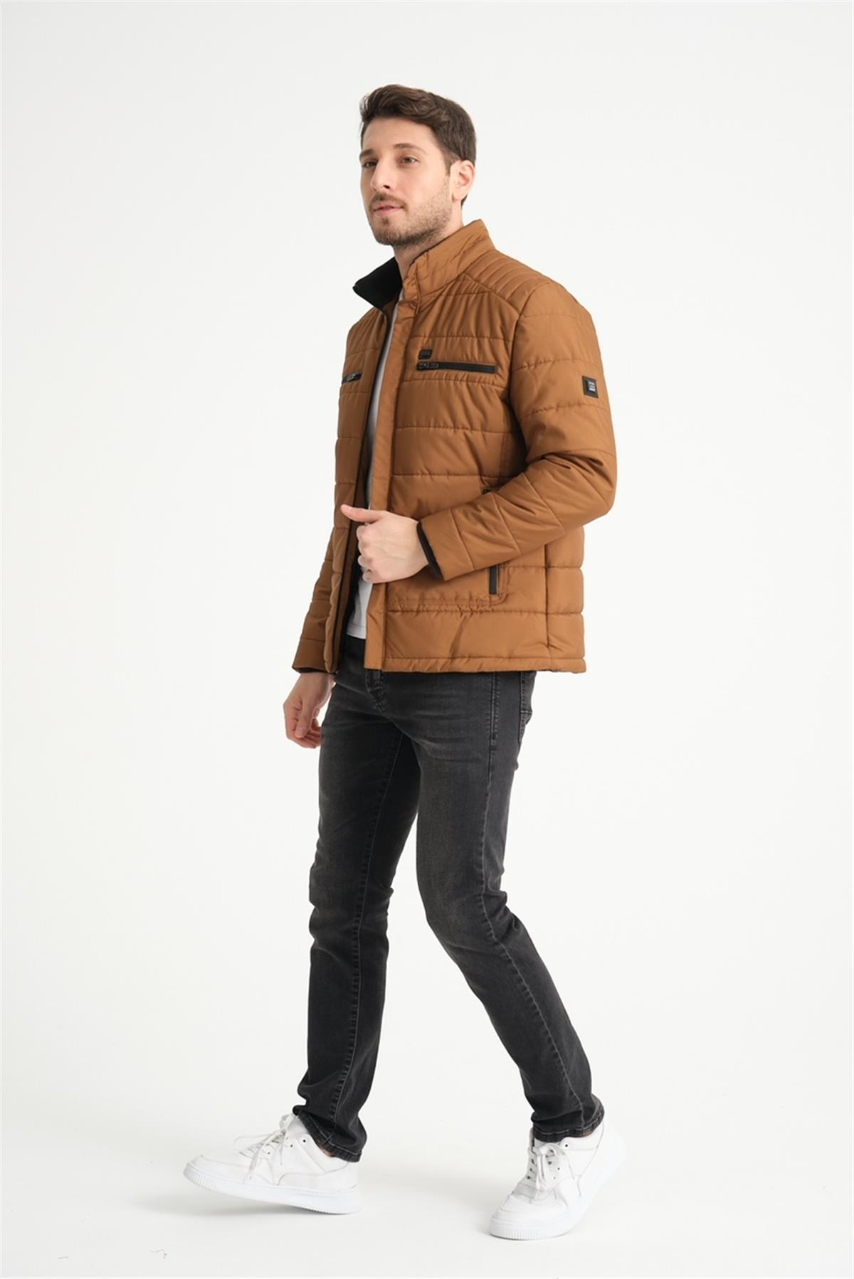 Wholesale Brown Double Zipper Pocket Stand Collar Jacket 3082T