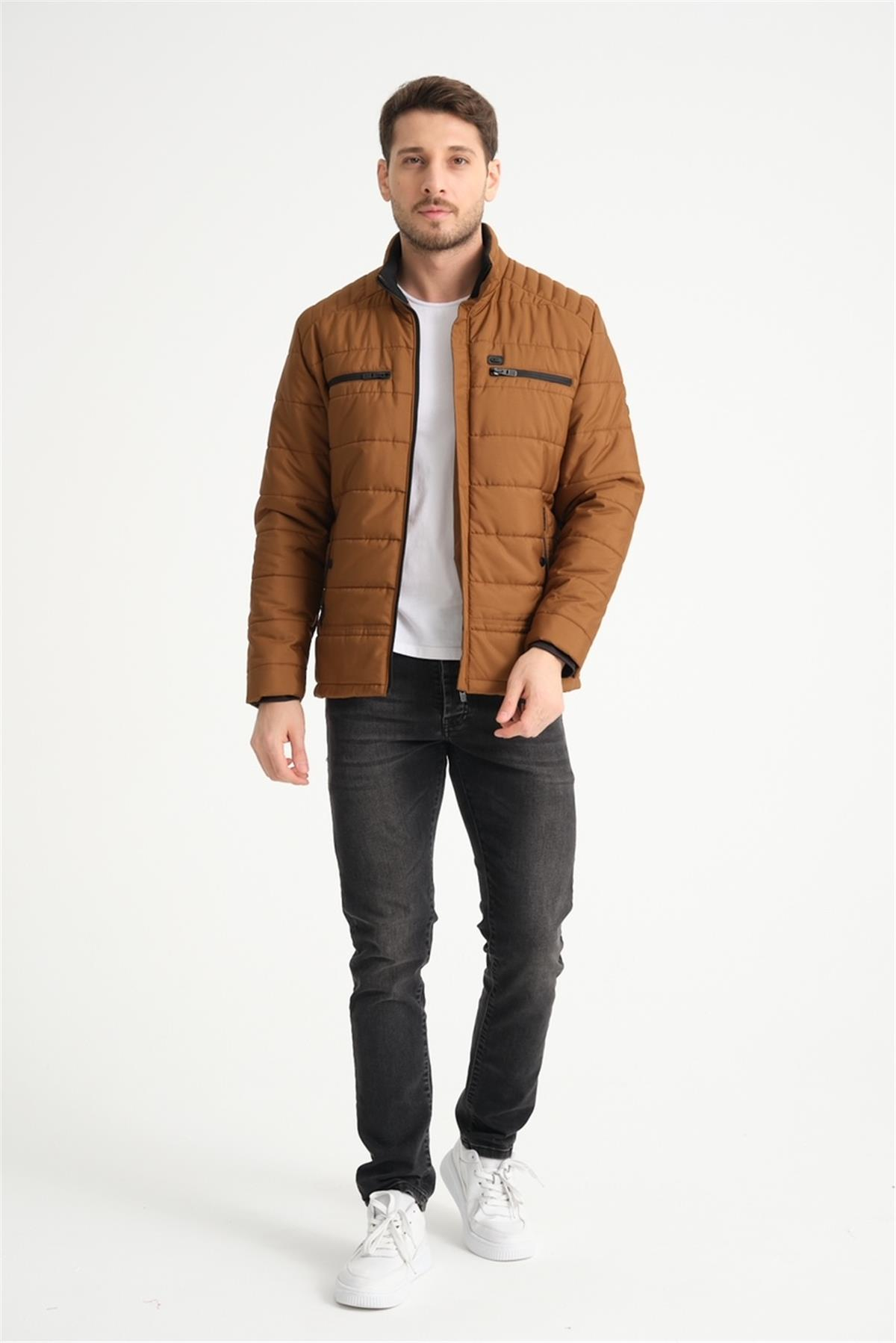 Wholesale Brown Double Zipper Pocket Stand Collar Jacket 3082T