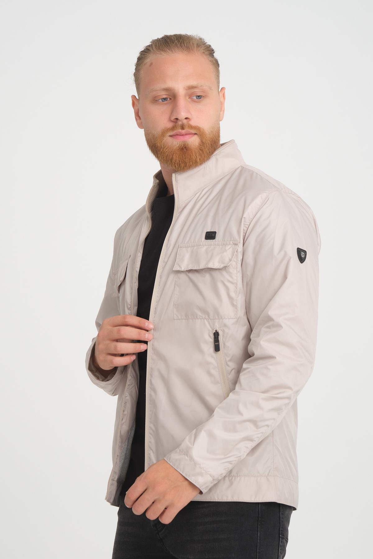 Wholesale Beige Stand Collar Pocketed Jersey Lined Spring Jacket 4074T