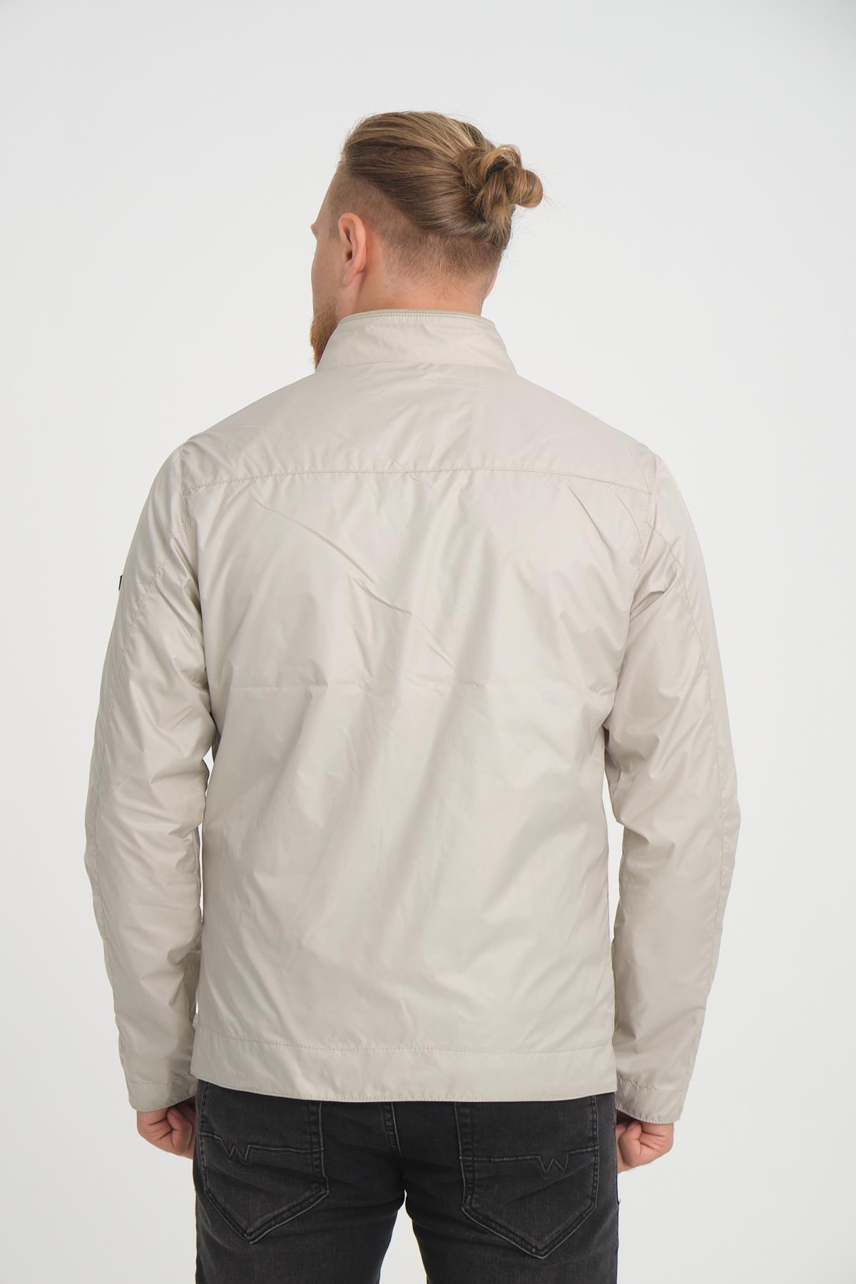 Wholesale Beige Stand Collar Pocketed Jersey Lined Spring Jacket 4074T