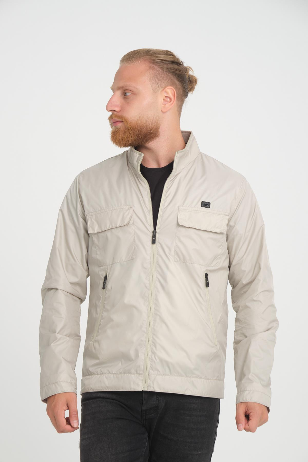 Wholesale Beige Stand Collar Pocketed Jersey Lined Spring Jacket 4074T