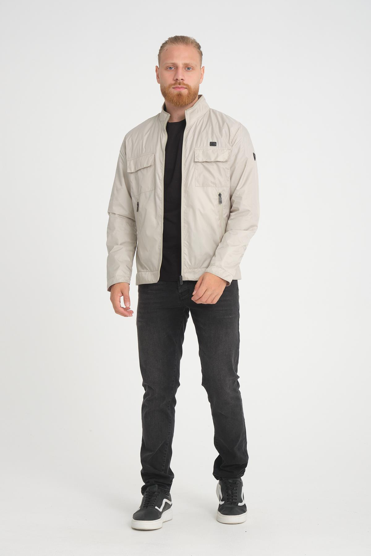 Wholesale Beige Stand Collar Pocketed Jersey Lined Spring Jacket 4074T