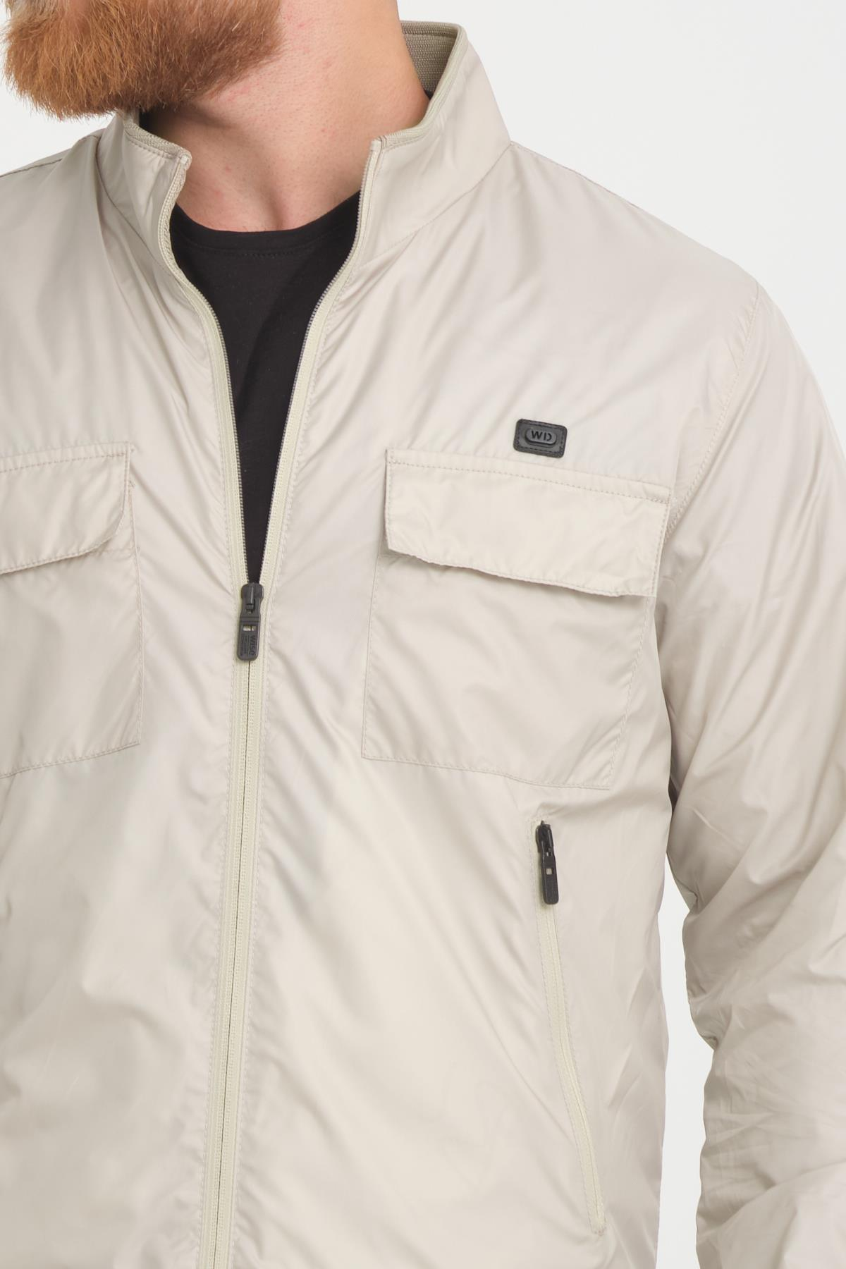 Wholesale Beige Stand Collar Pocketed Jersey Lined Spring Jacket 4074T