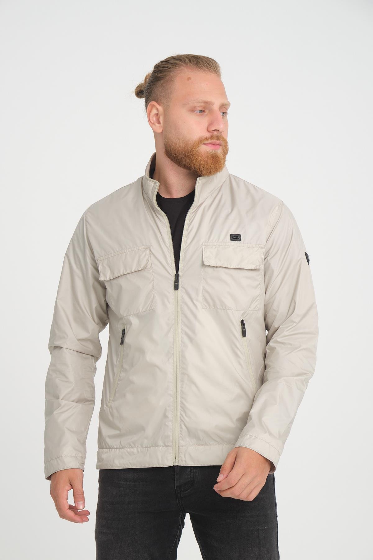 Wholesale Beige Stand Collar Pocketed Jersey Lined Spring Jacket 4074T