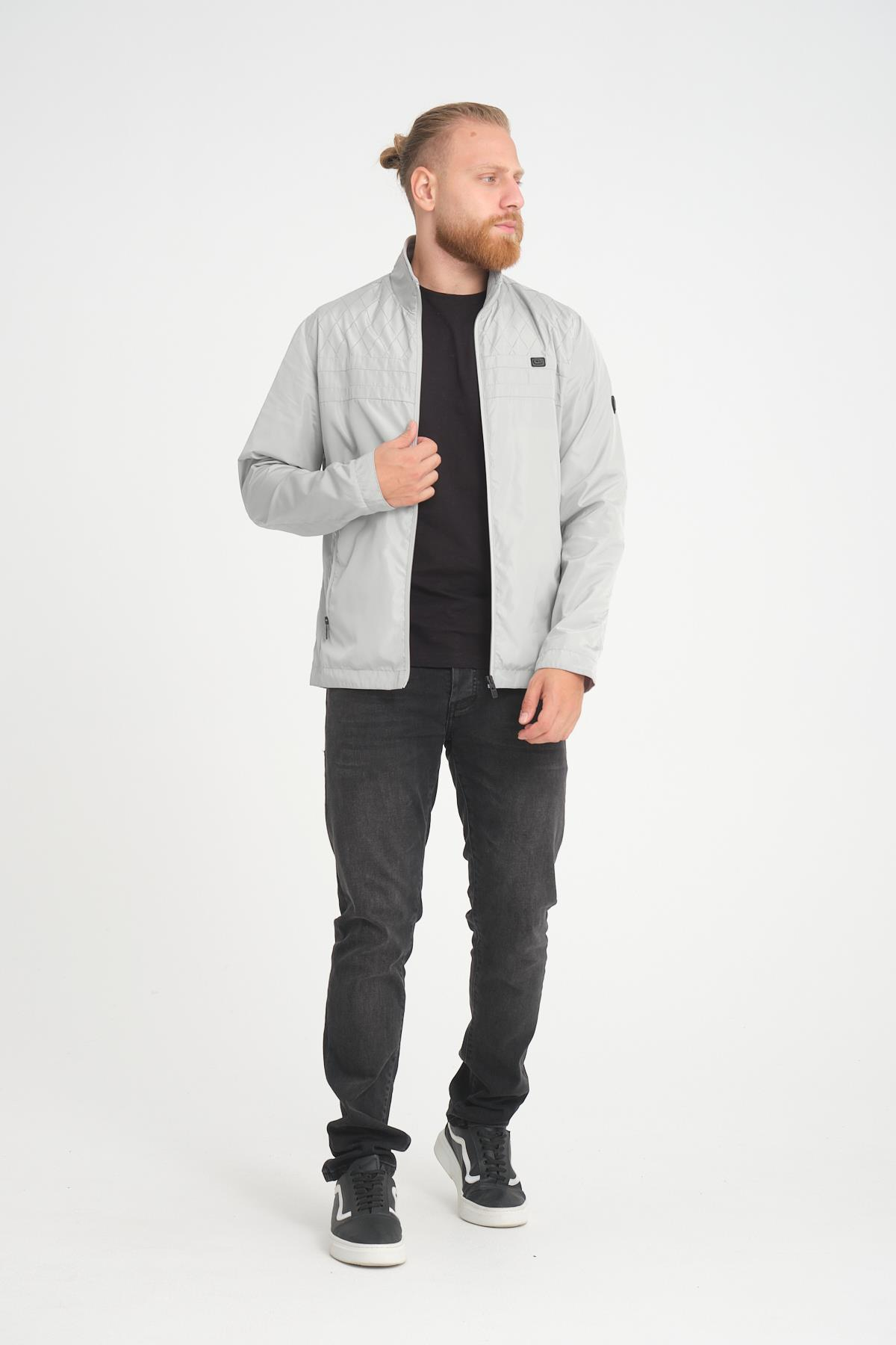 Wholesale Beige Stand Collar Shoulder Detail Jersey Lined Spring Jacket 3067T