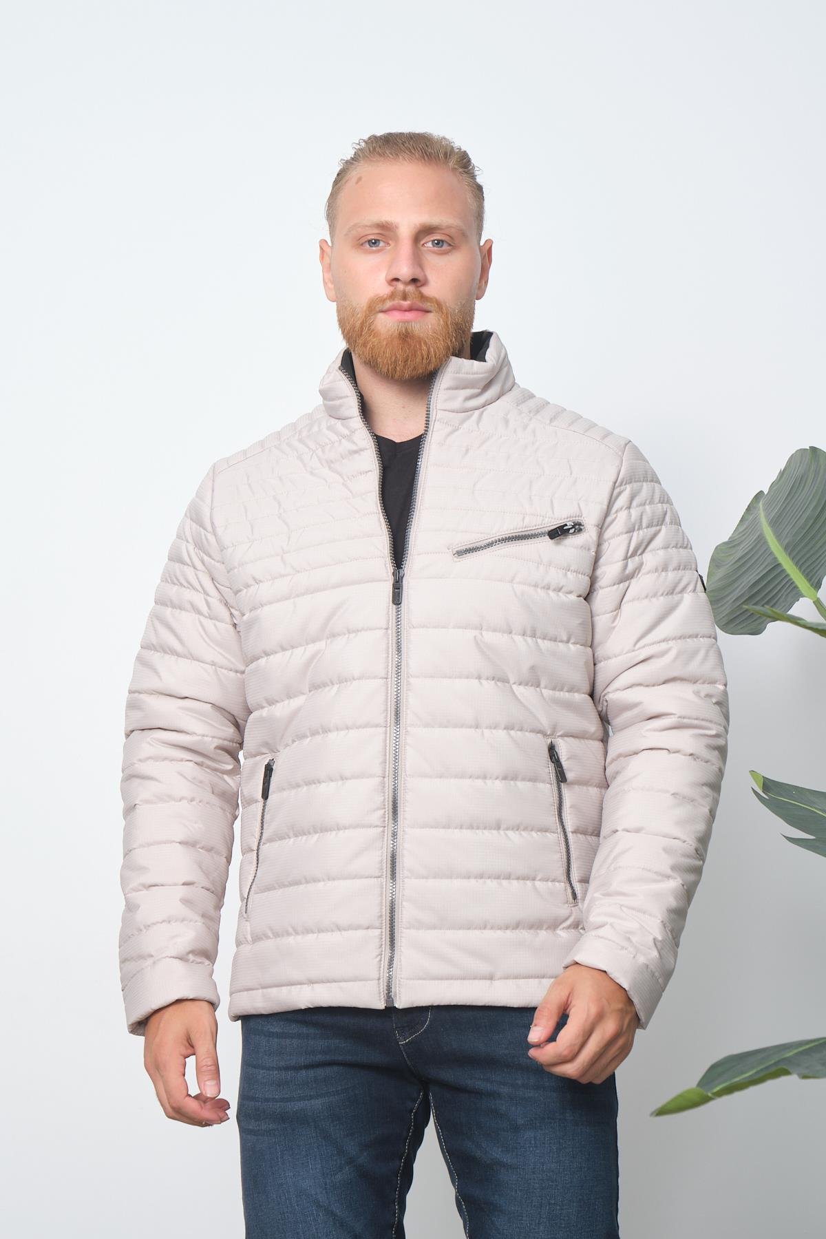 Wholesale Beige Chest Zipper Detail Stand Collar Jacket 3083T