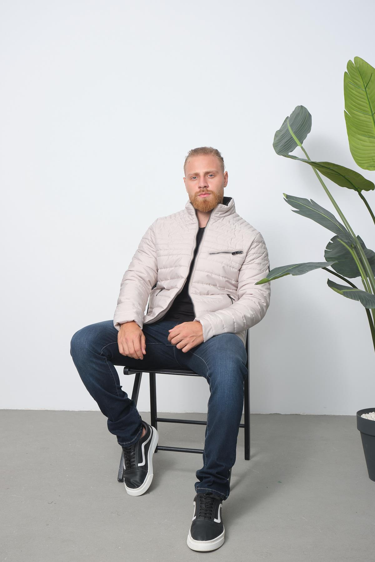 Wholesale Beige Chest Zipper Detail Stand Collar Jacket 3083T