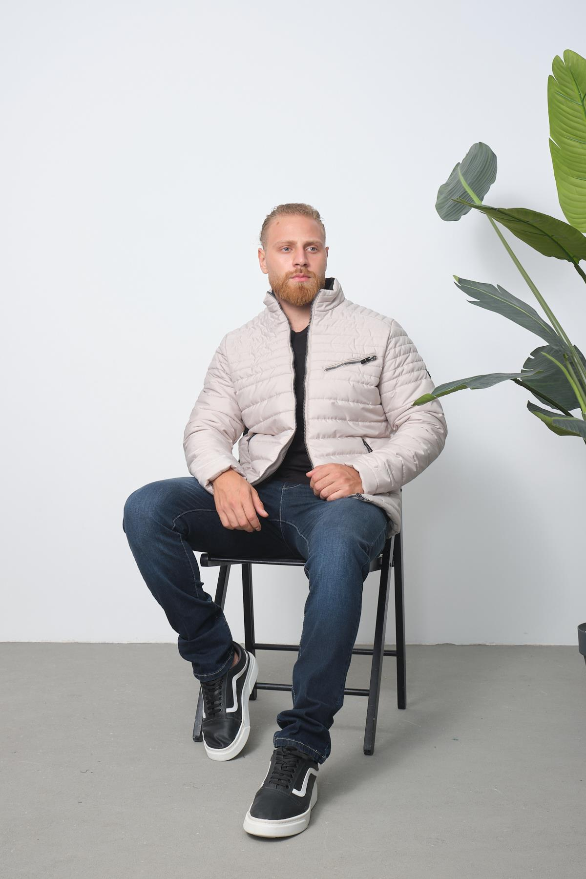 Wholesale Beige Chest Zipper Detail Stand Collar Jacket 3083T