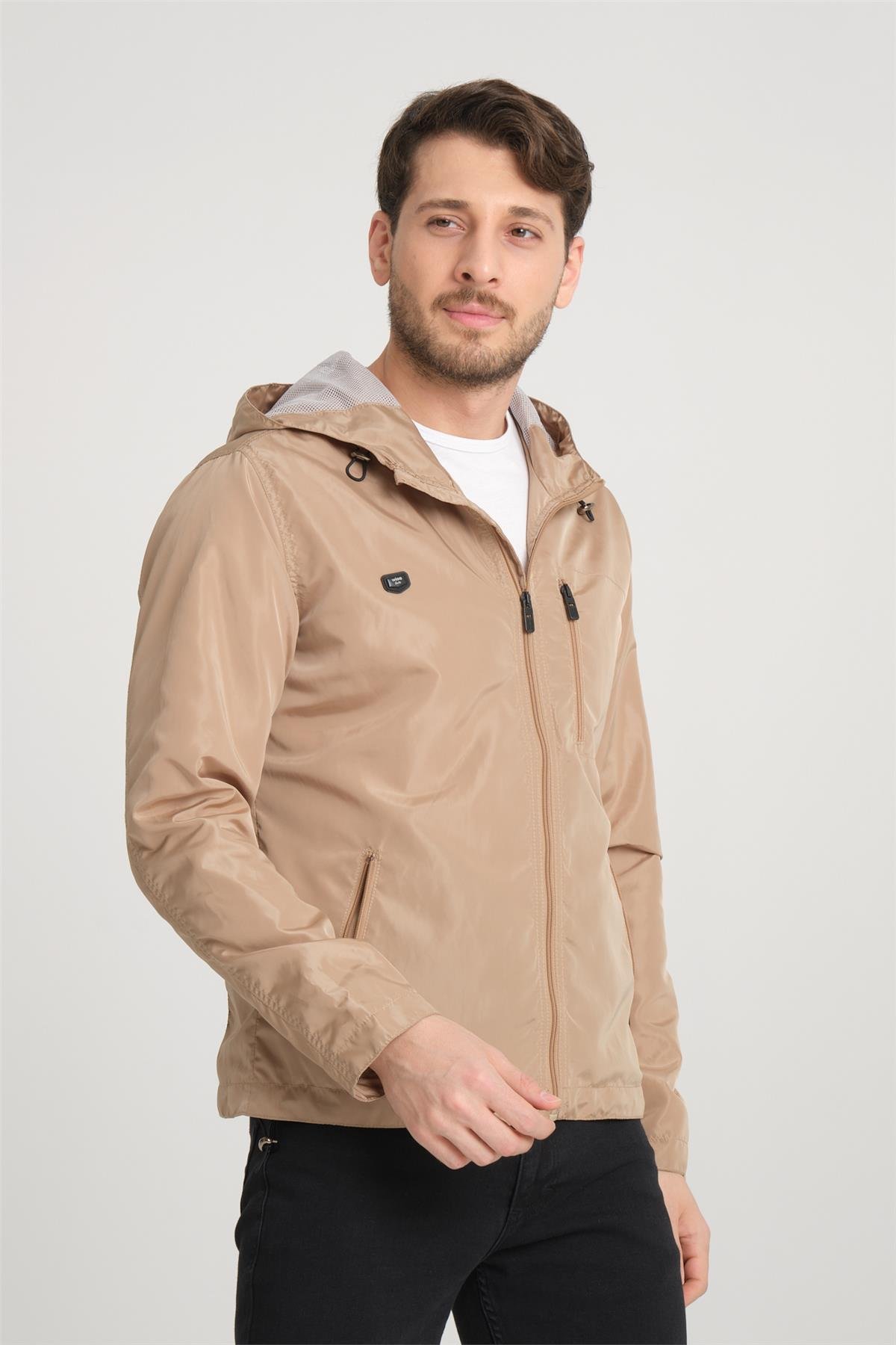 Wholesale Beige Hooded Mesh Lined Zipped Spring Jacket 37061T