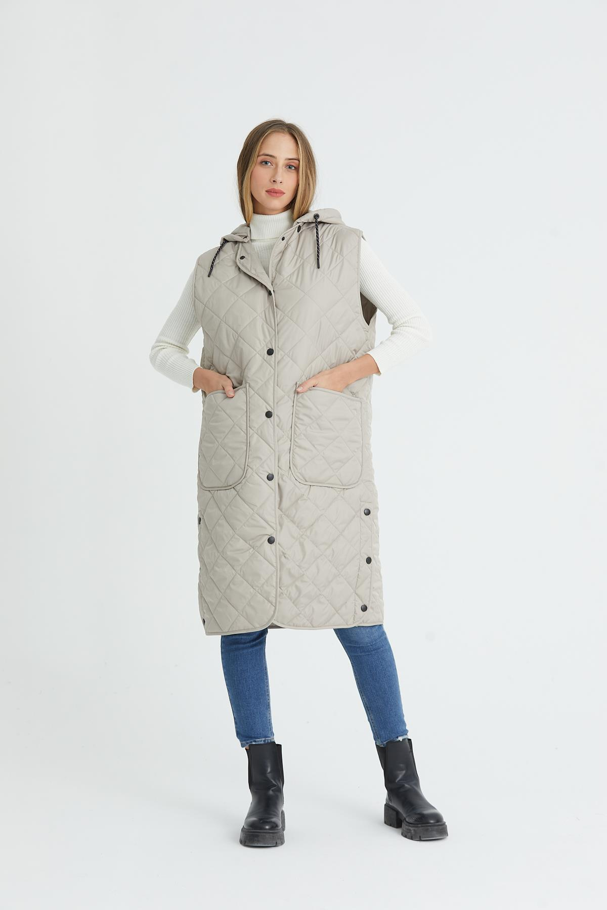 Taş Oversize Uzun Kapitoneli Yelek 3003T