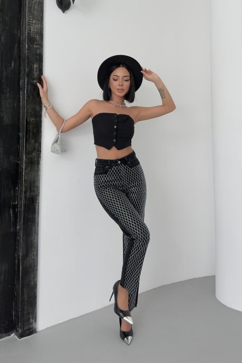 Taşlı Mom Fit Kot Pantolon 7092-23-(26-31)
