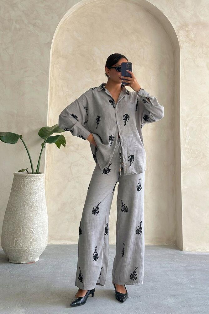 Topshow Nakış Detaylı Toptan Keten Pantolon - Gri