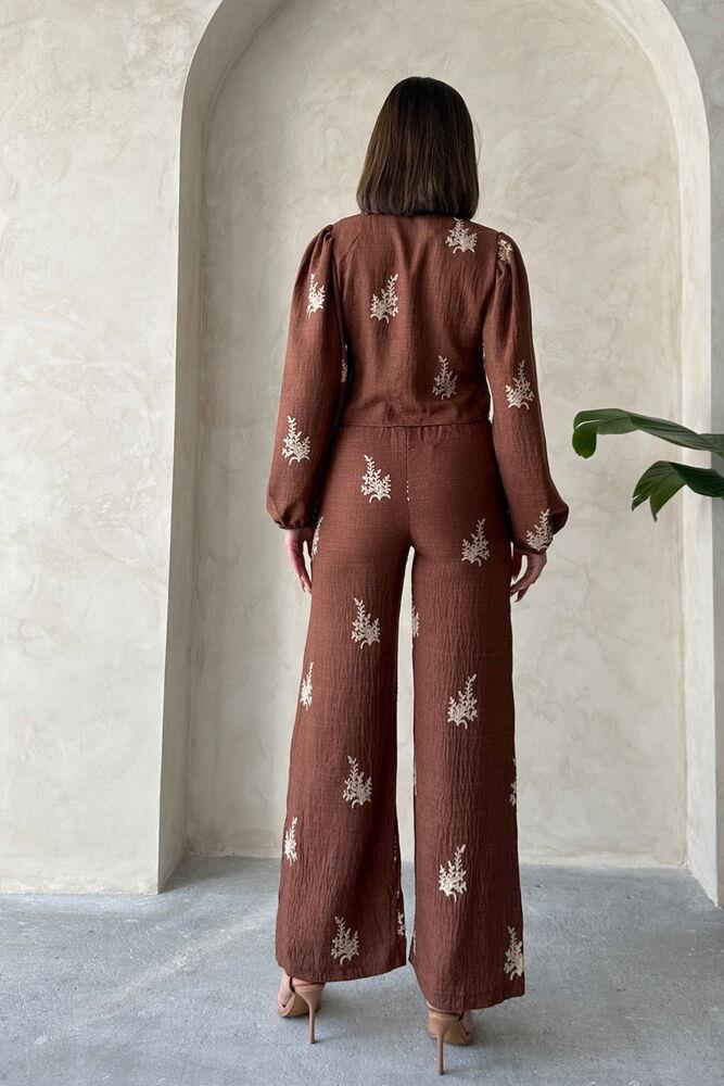 Topshow Nakış Detaylı Toptan Keten Pantolon - Kahve