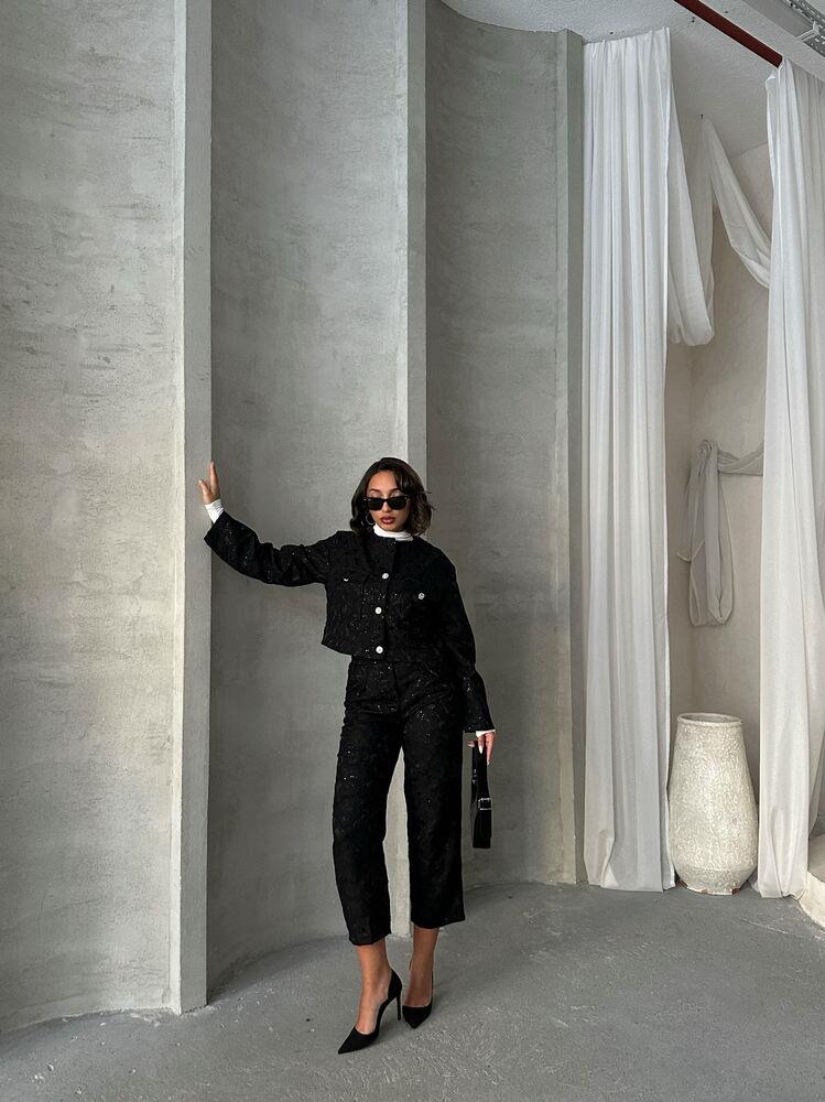 Topshow Siyah Siyah Süzene Nakış Detaylı Toptan Pantolon