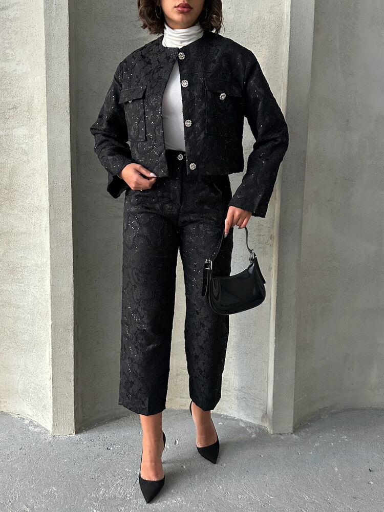 Topshow Siyah Siyah Süzene Nakış Detaylı Toptan Pantolon