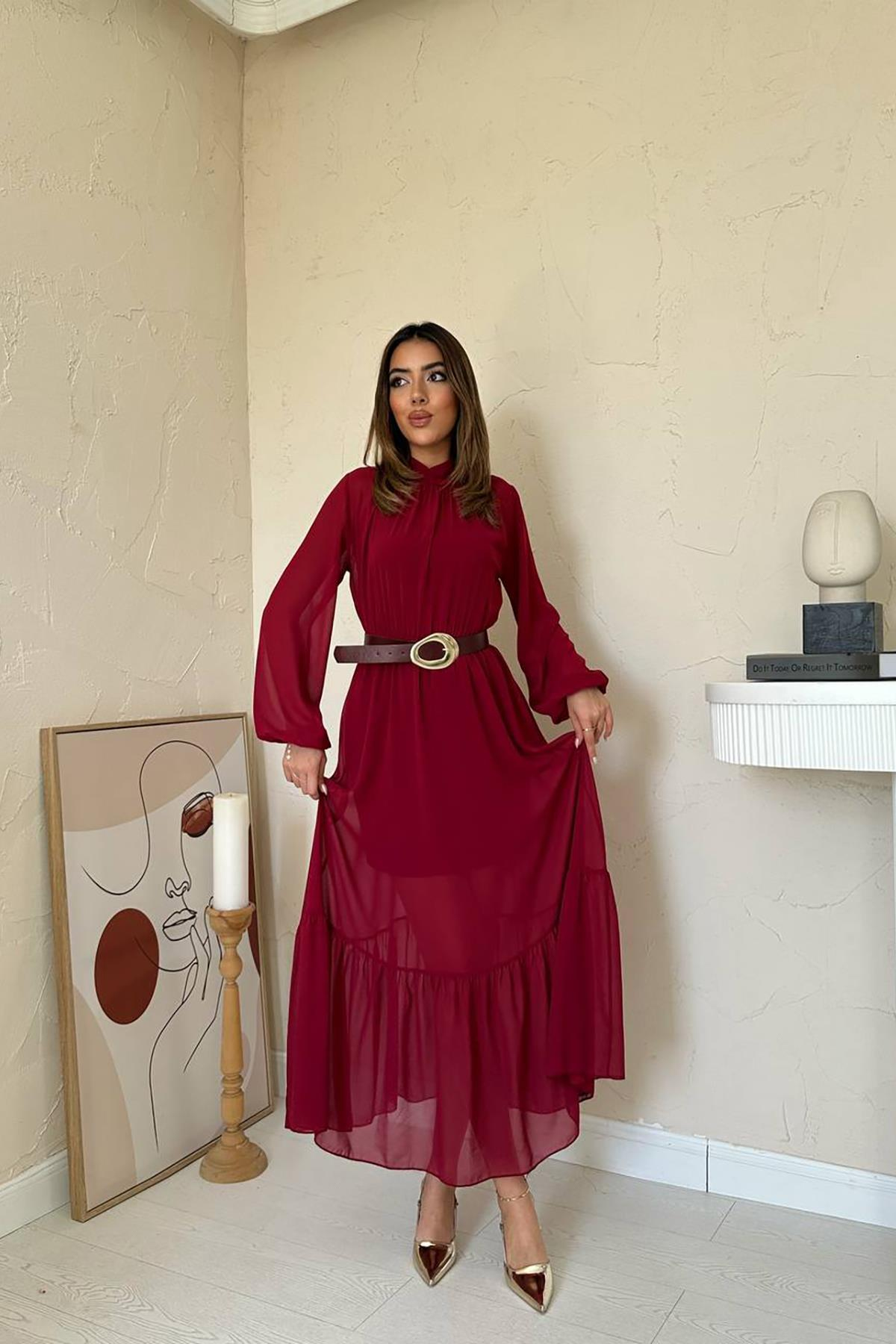 Toptan Bordo Eteği Fırfırlı Şifon Elbise