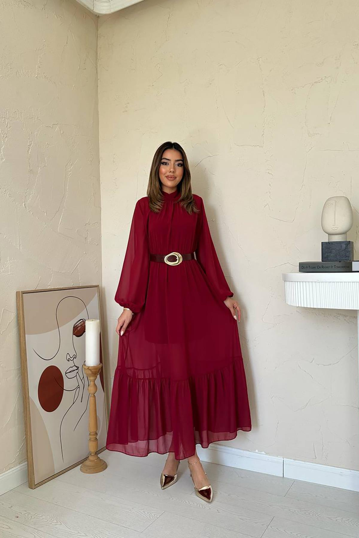 Toptan Bordo Eteği Fırfırlı Şifon Elbise