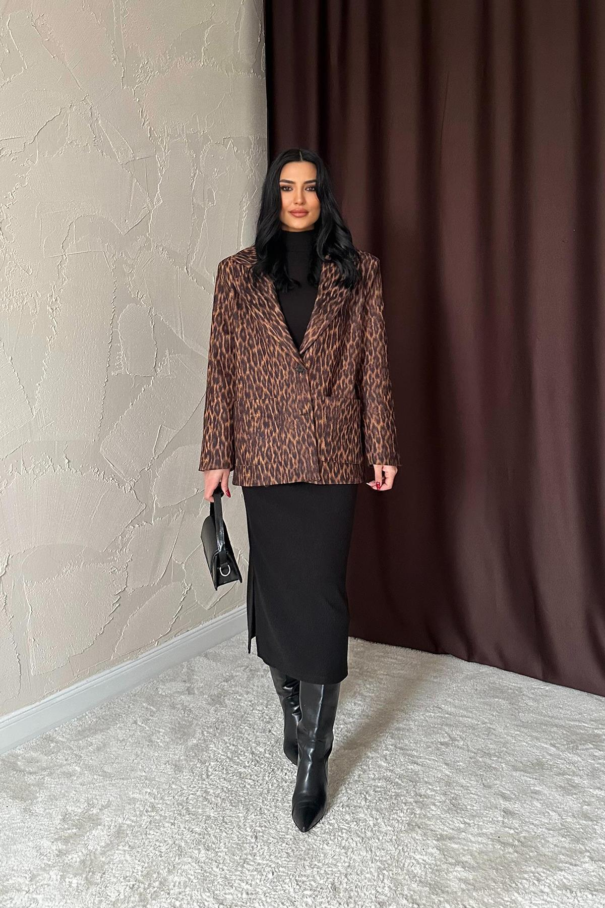 Toptan Leopar Yakası Kürk Garnili Desenli Ceket