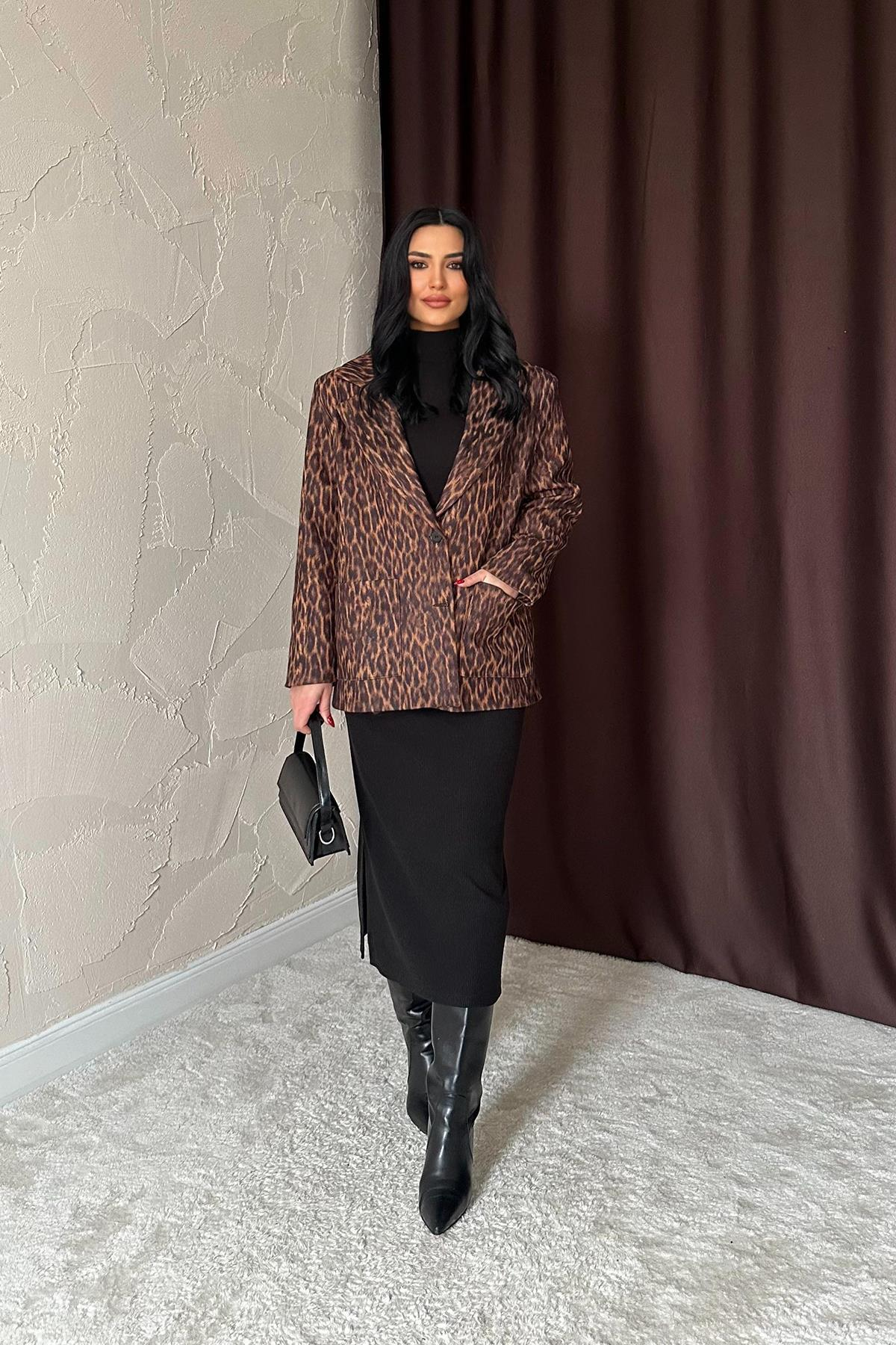 Toptan Leopar Yakası Kürk Garnili Desenli Ceket