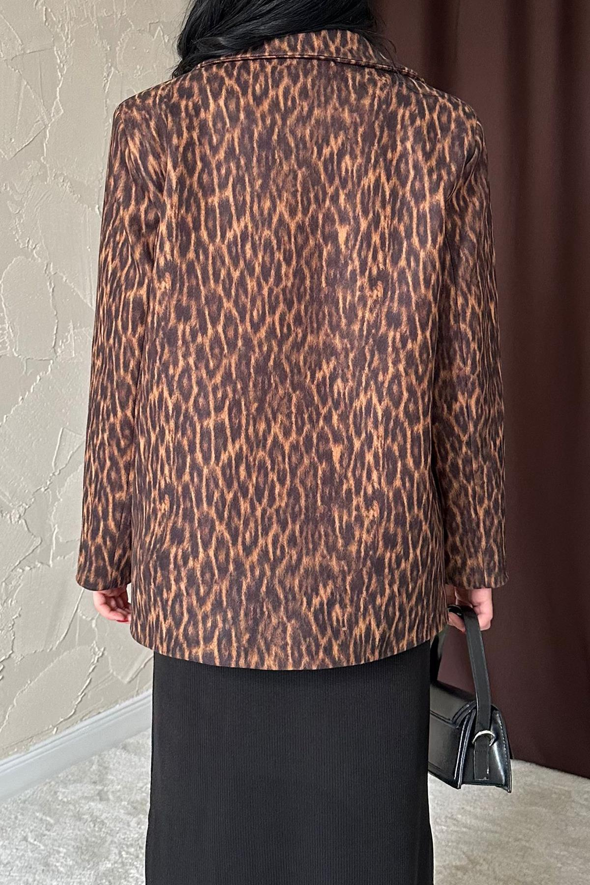 Toptan Leopar Yakası Kürk Garnili Desenli Ceket