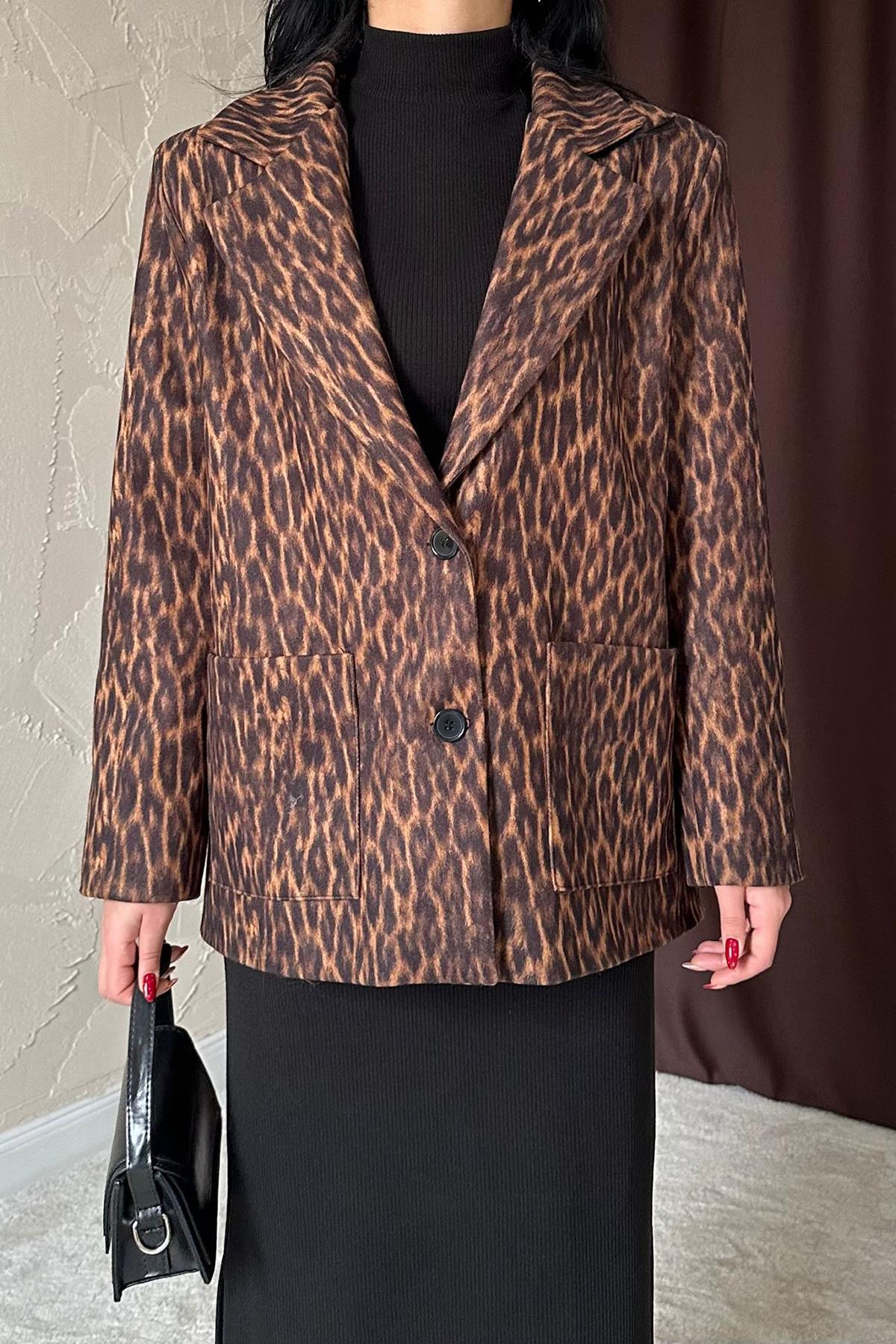Toptan Leopar Yakası Kürk Garnili Desenli Ceket