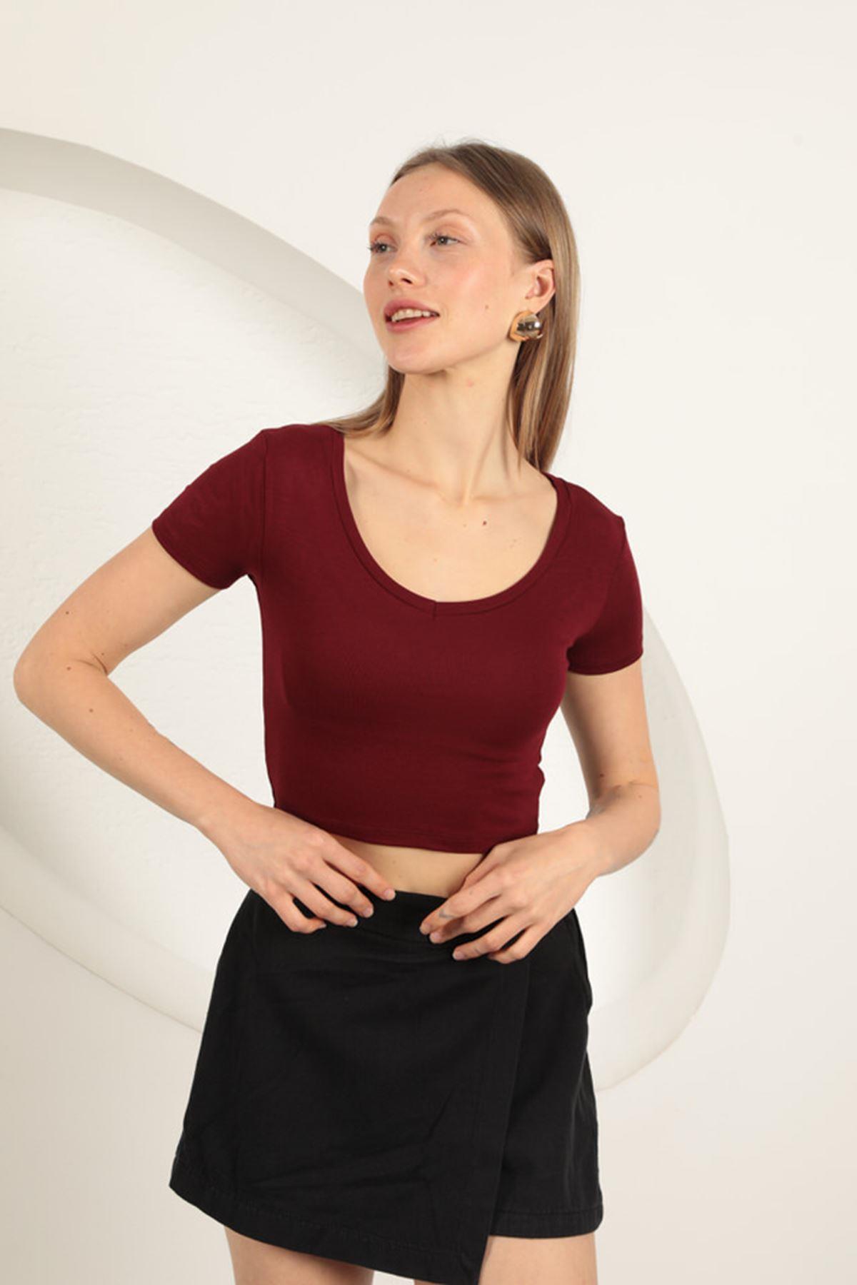 V Neck Basic T-Shirt-Burgundy