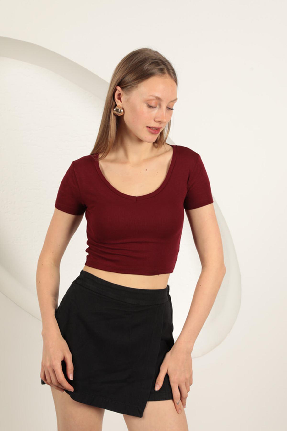 V Neck Basic T-Shirt-Burgundy