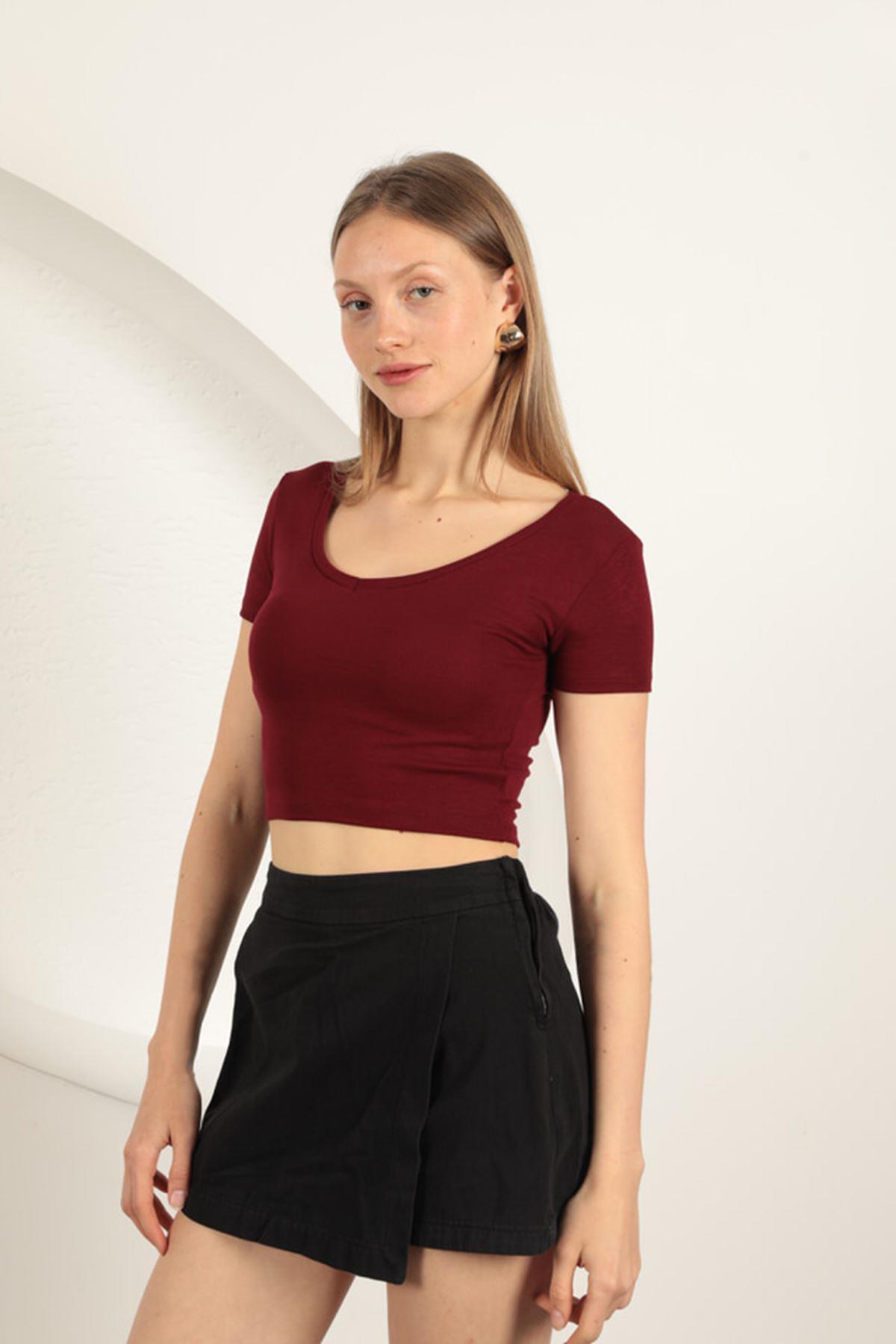 V Neck Basic T-Shirt-Burgundy
