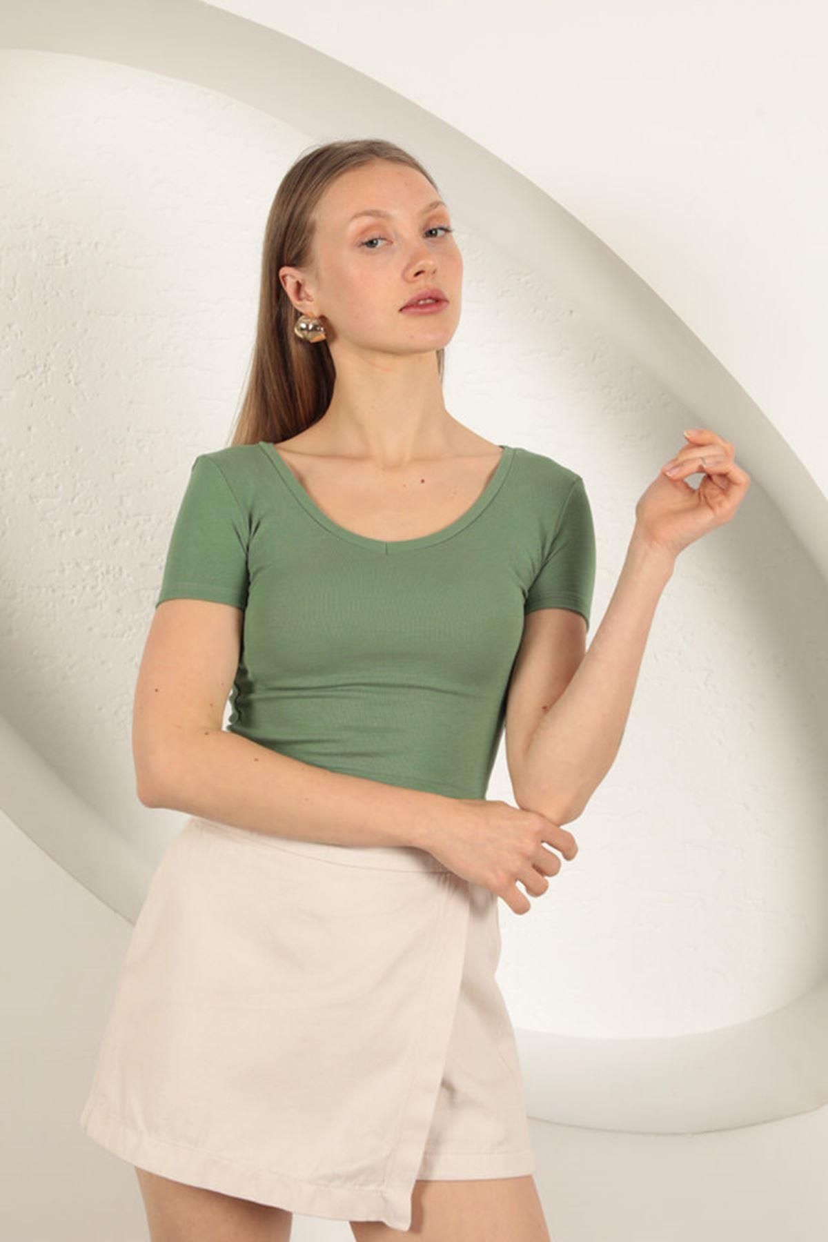V Neck Basic T-Shirt-Khaki