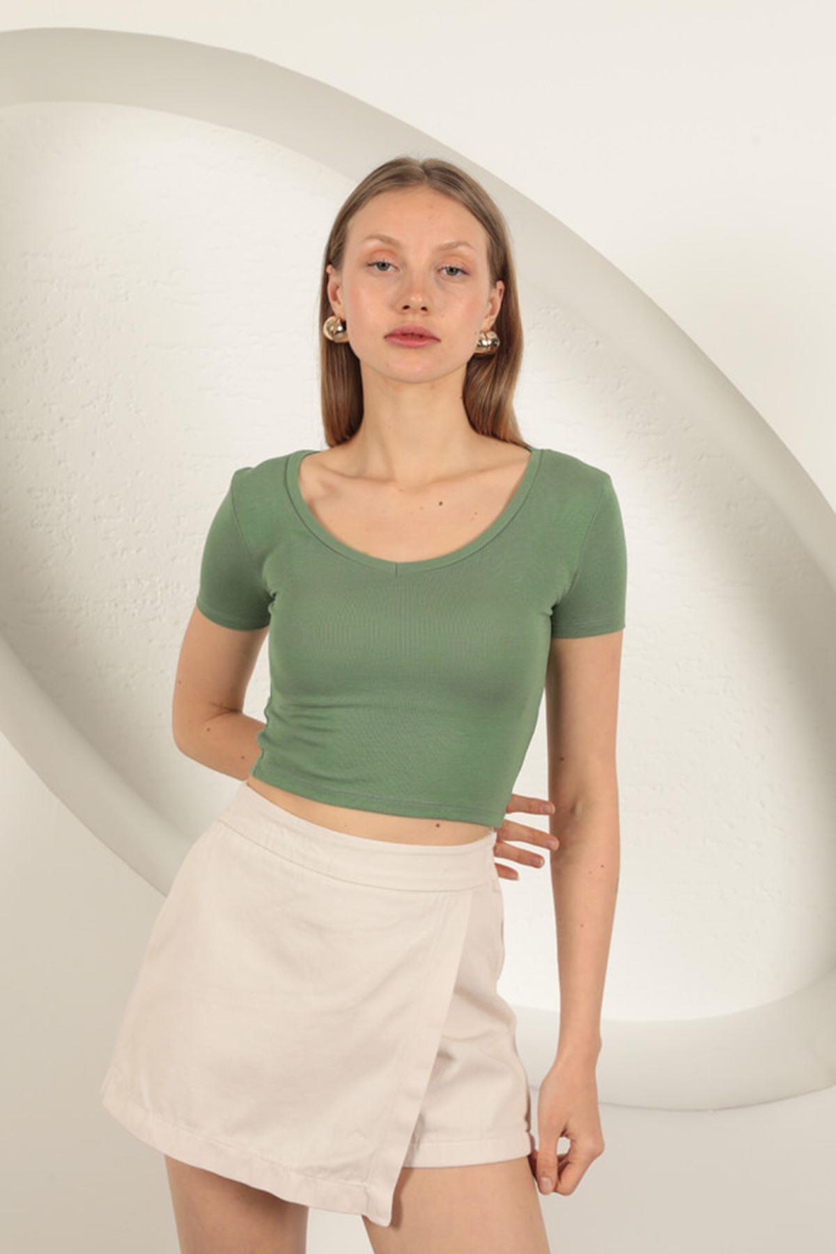 V Neck Basic T-Shirt-Khaki