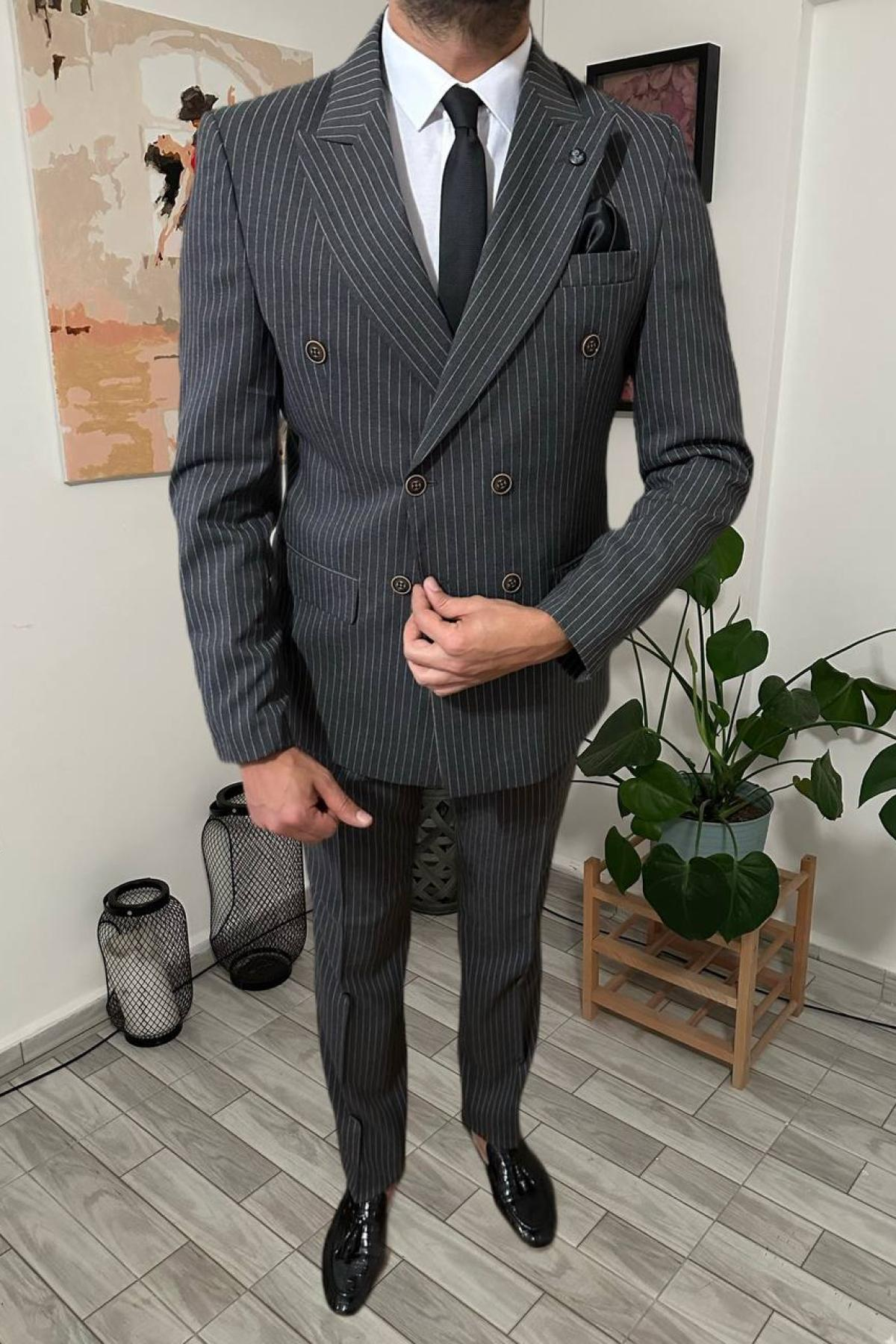 Wholesale Men Anthracite Striped Two Piece Suits Blazer and Trousers 708745