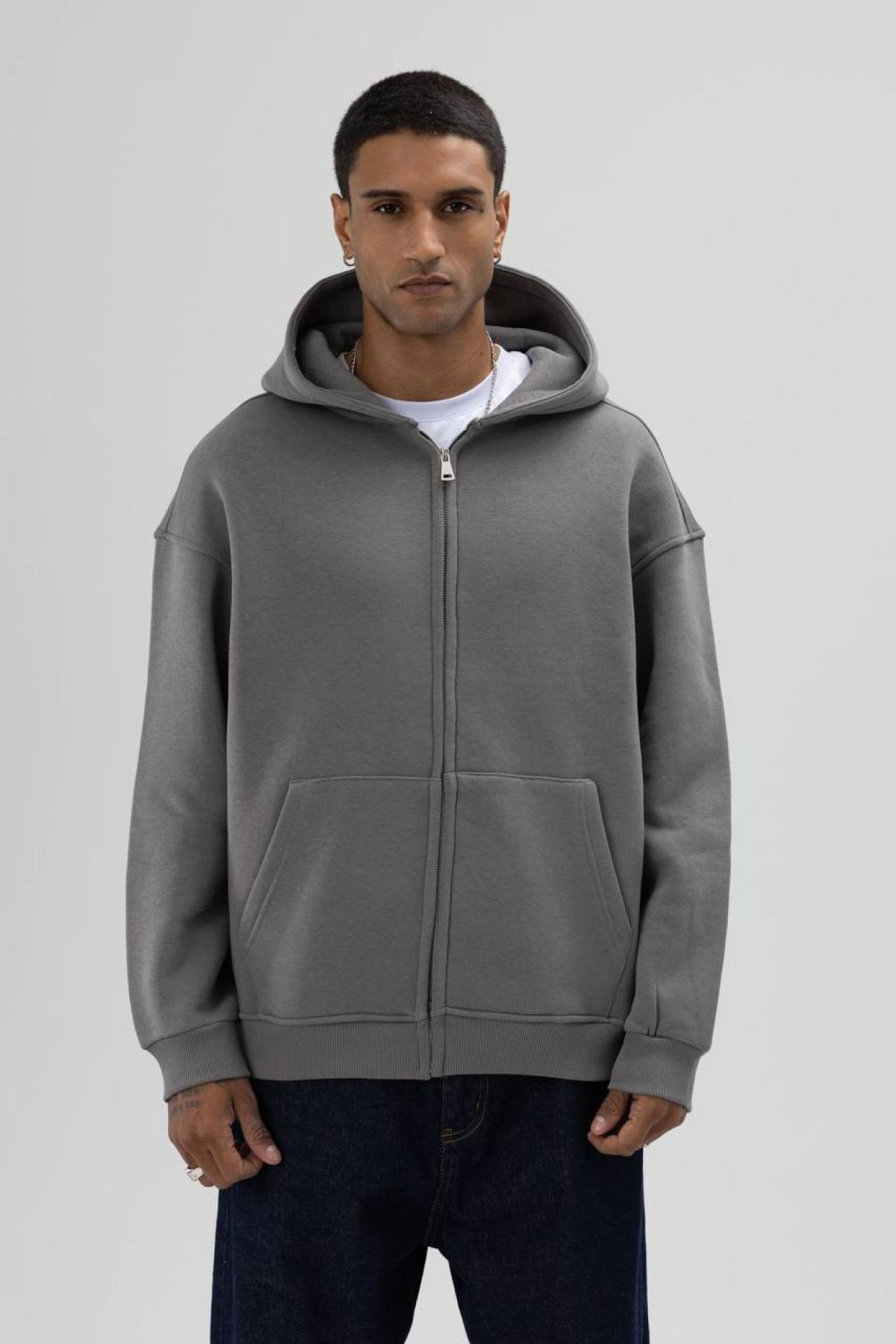 Wholesale Men Anthracite Zip-Up Hoodie 739108