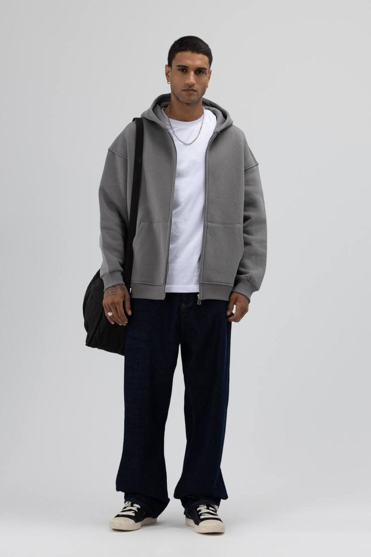 Wholesale Men Anthracite Zip-Up Hoodie 739108