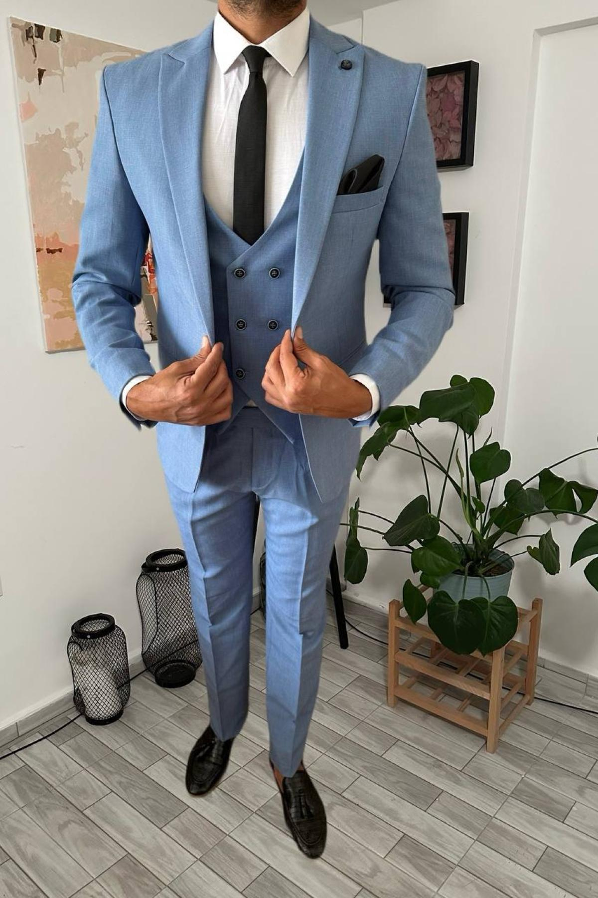 Wholesale Men Aqua Blue Three Piece Suits Plus Size Blazer Vest and Trousers 708949